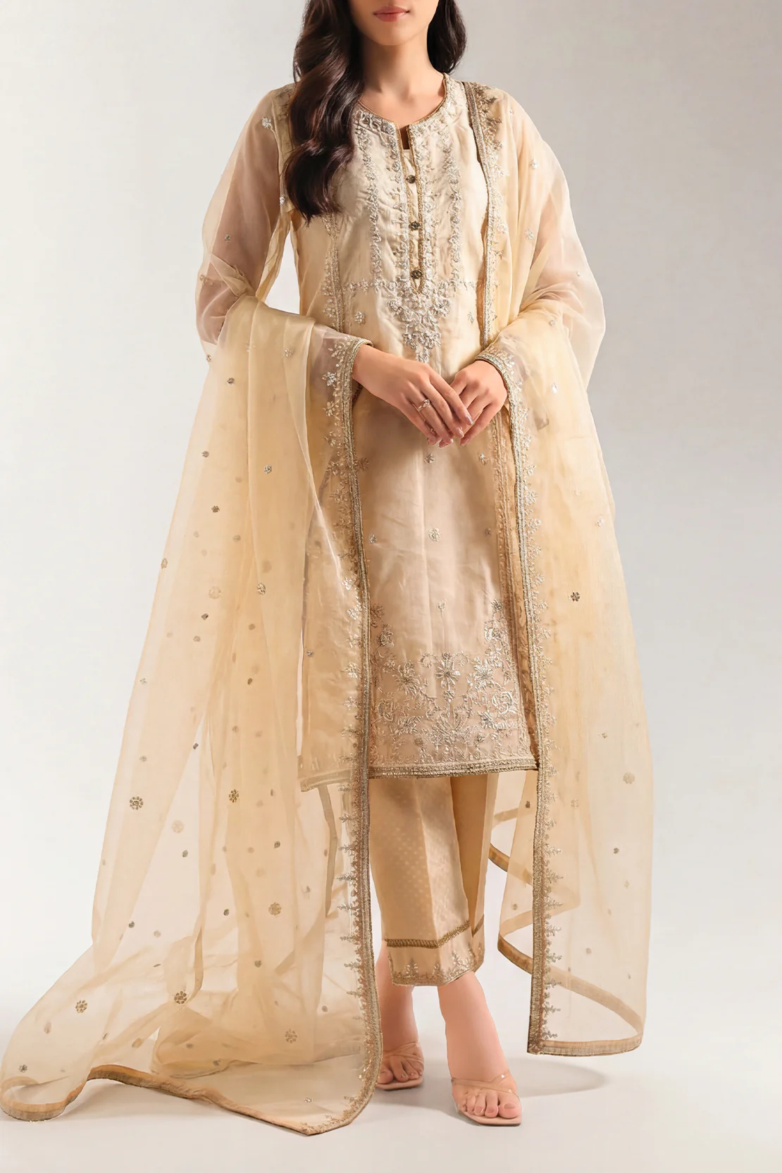 Luxury Pret Embroidered Self Jacquard Stitched 3 Piece