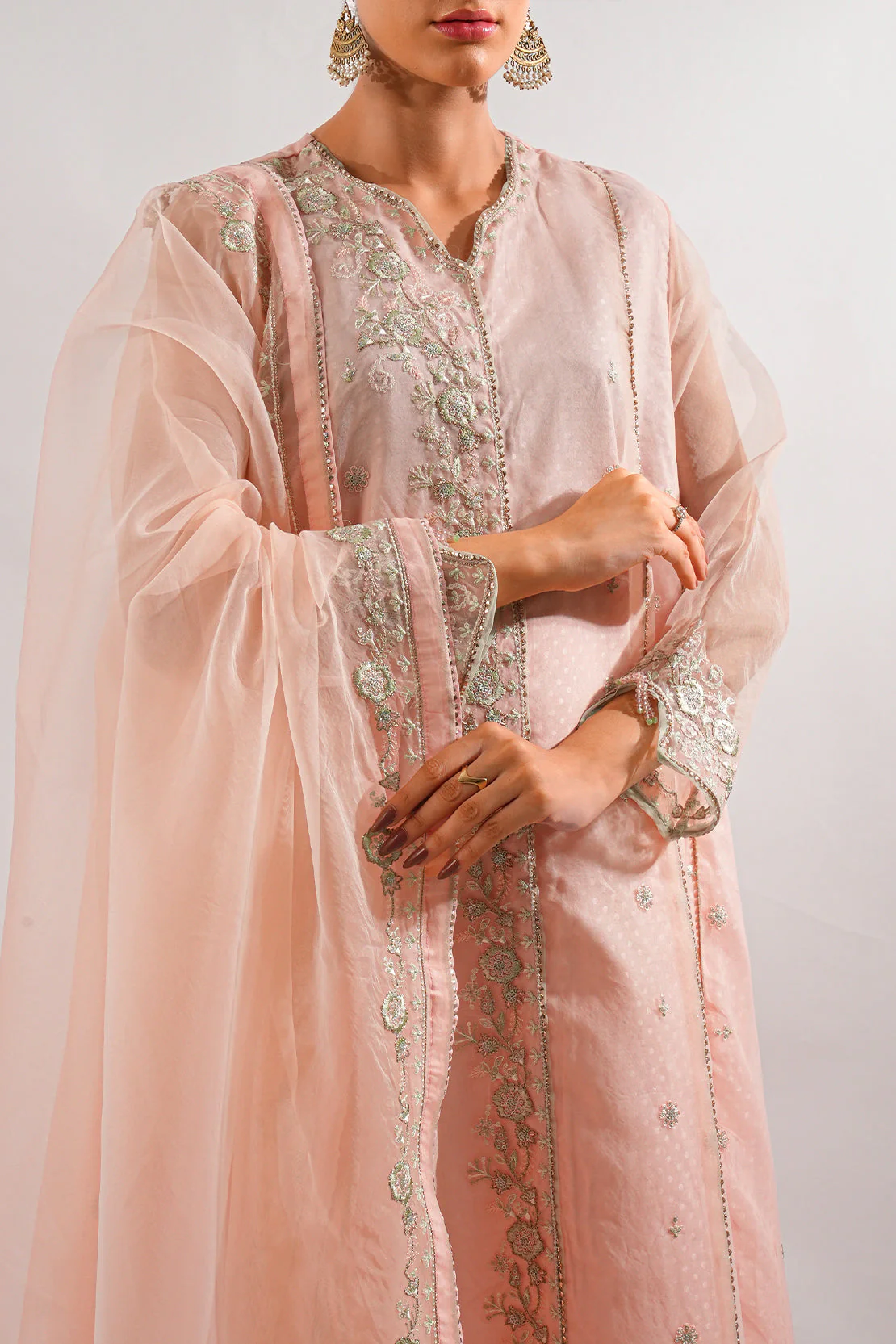 Luxury Pret Embroidered Self Jacquard Stitched Shirt - Image 2