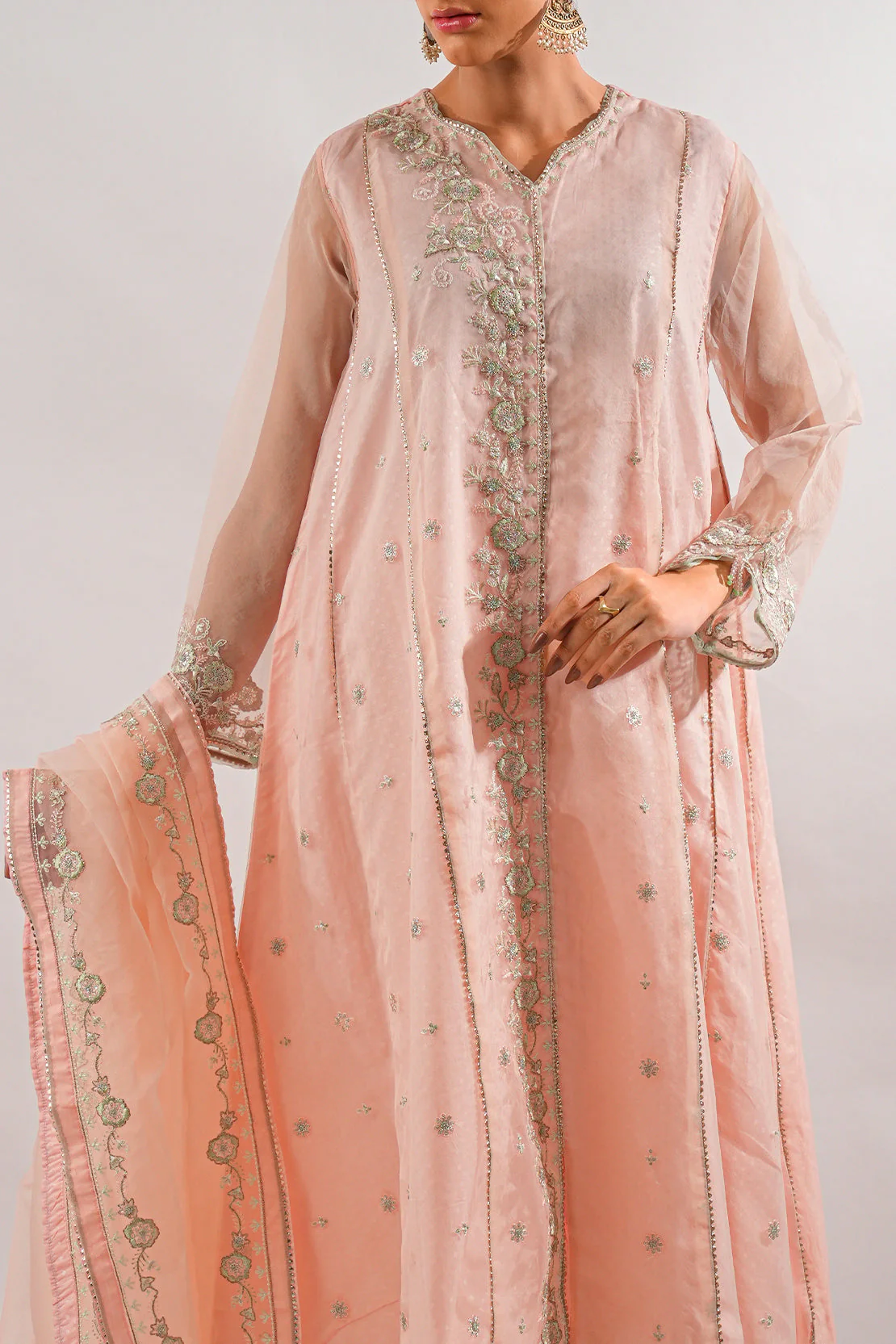 Luxury Pret Embroidered Self Jacquard Stitched Shirt - Image 5