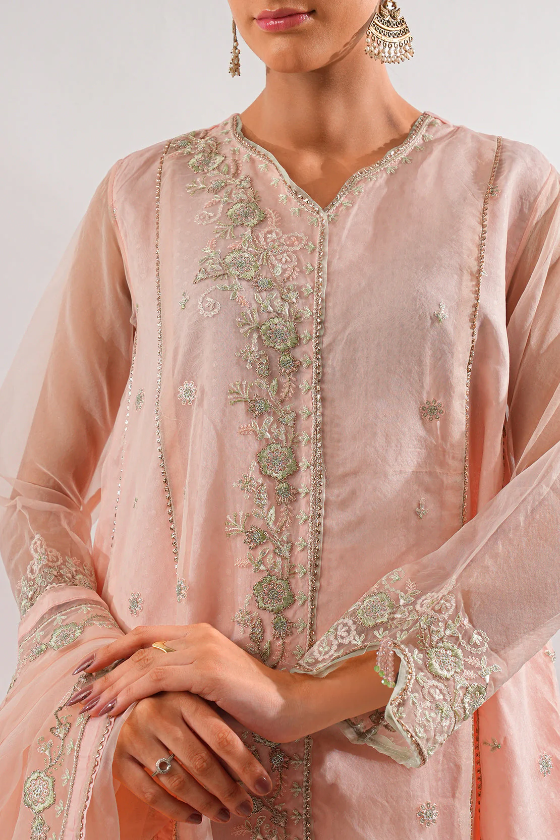 Luxury Pret Embroidered Self Jacquard Stitched Shirt - Image 6
