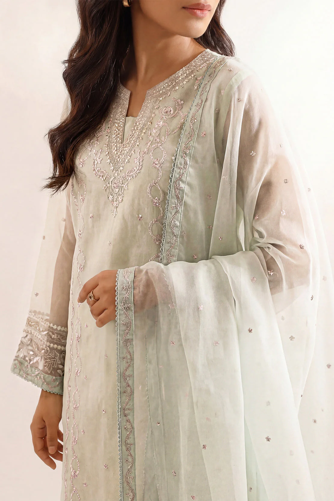 Luxury Pret Embroidered Self Jacquard Stitched Shirt - Image 3