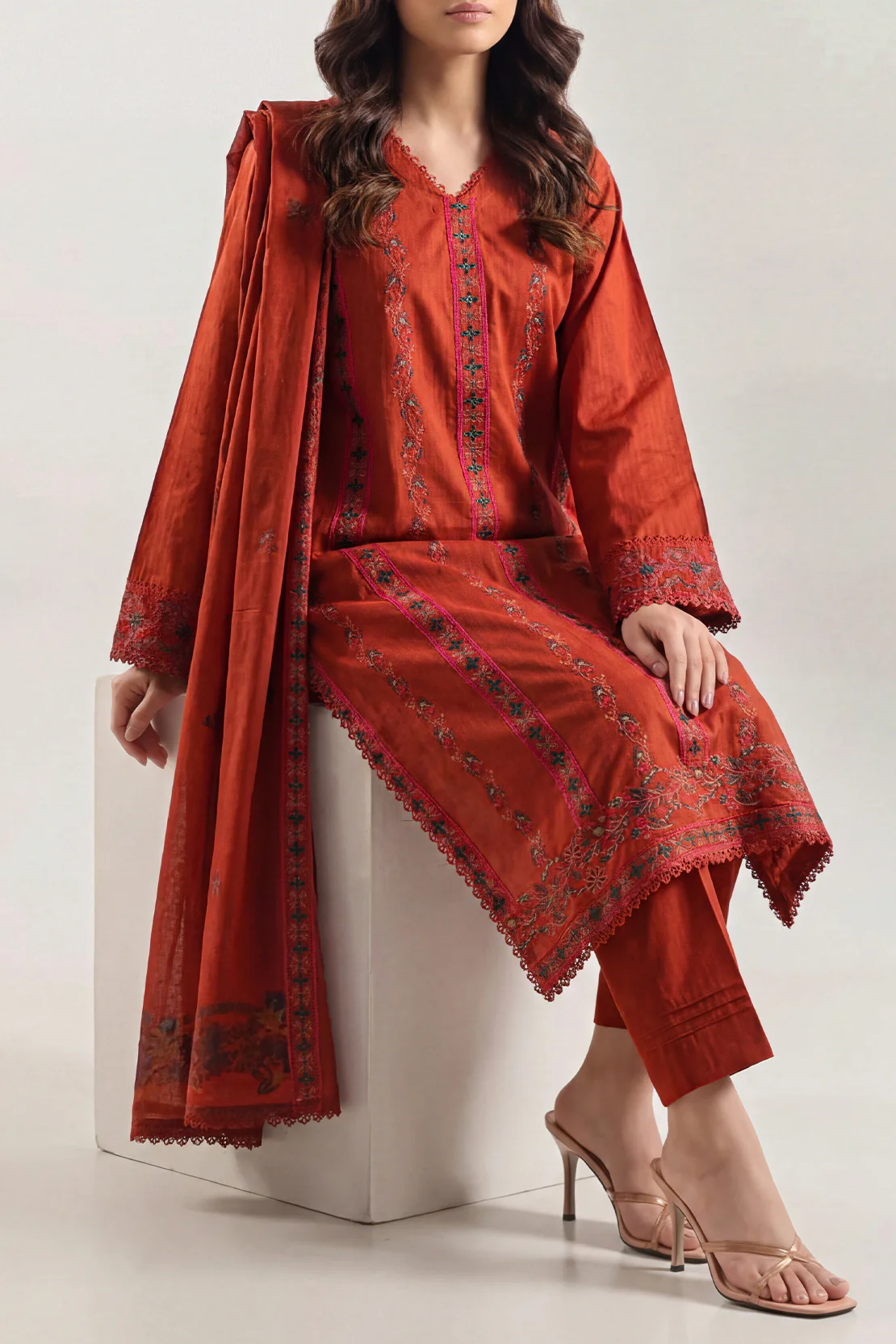Luxury Pret Embroidered Slub Cotton Stitched 3 Piece