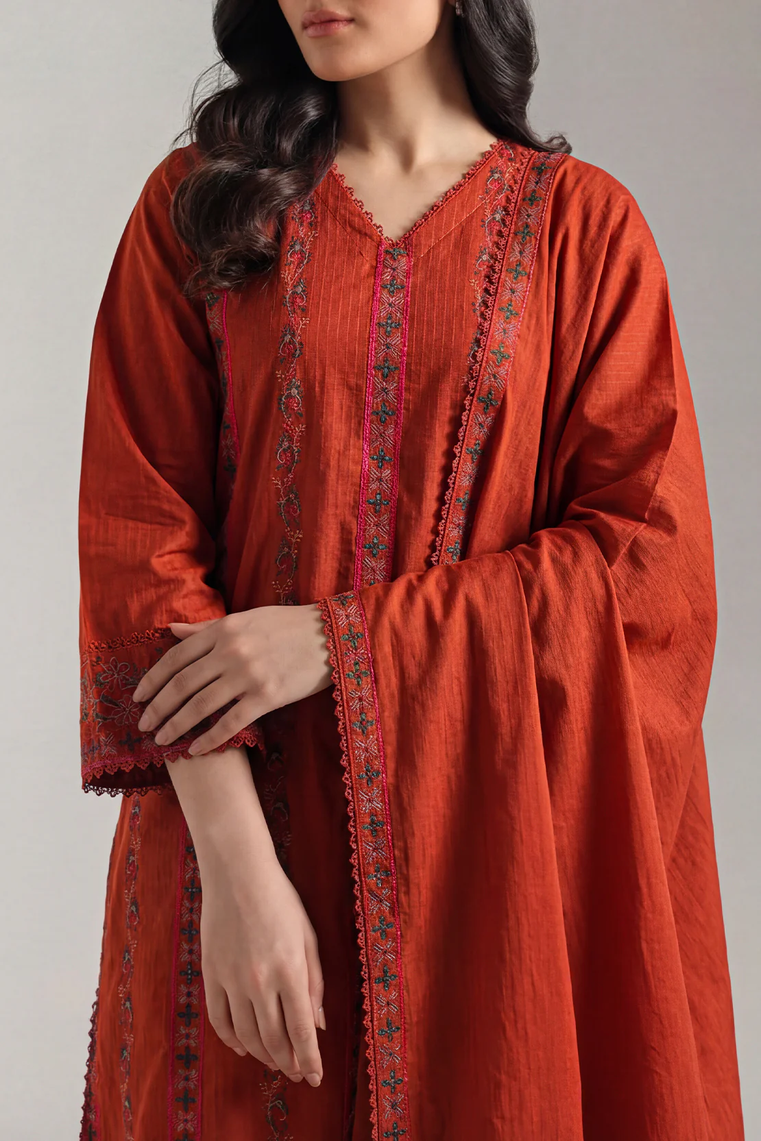 Luxury Pret Embroidered Slub Cotton Stitched 3 Piece - Image 2