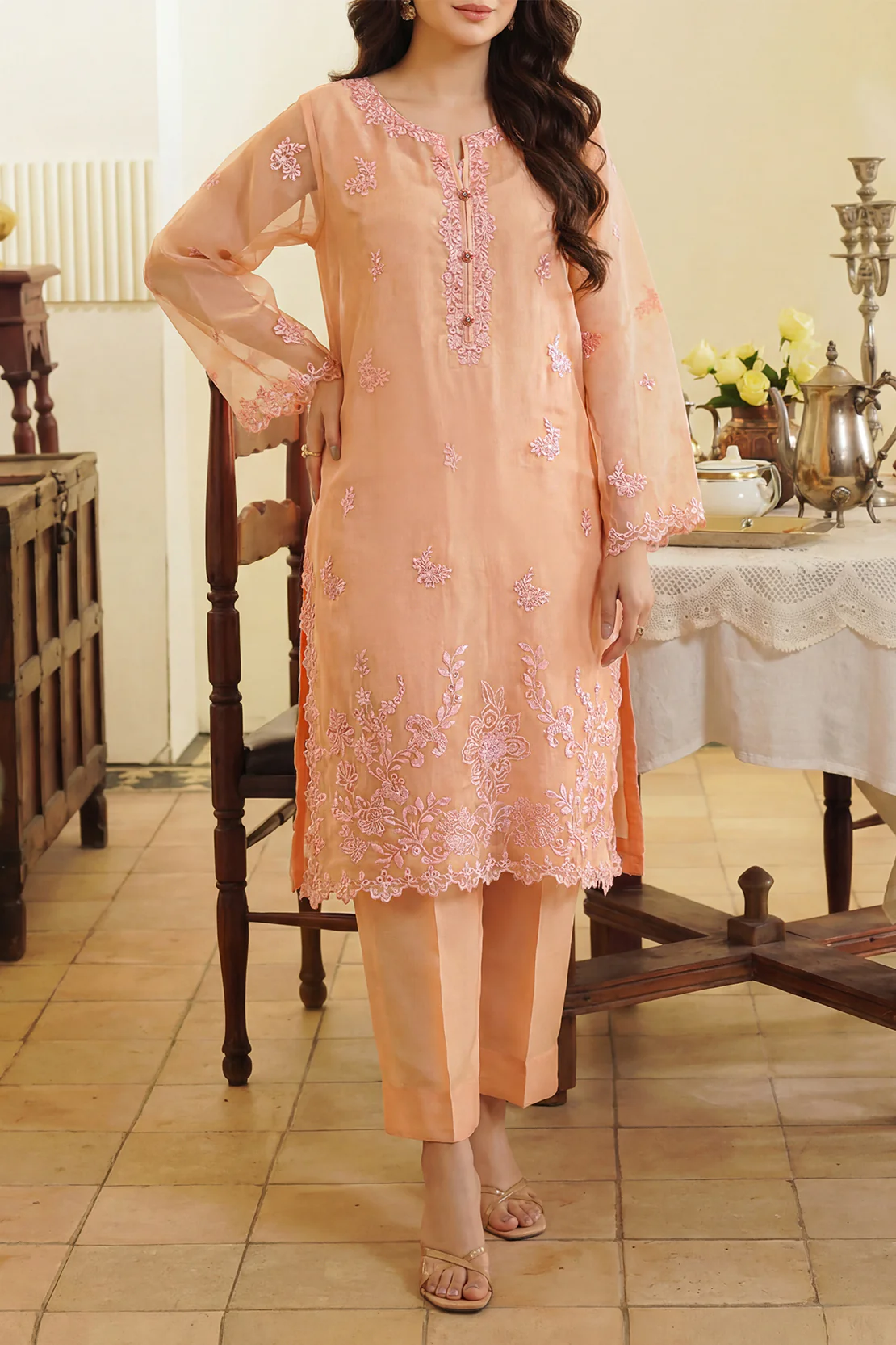 Luxury Pret Embroidered Stitched Organza 2 Piece (Shirt/Trouser)