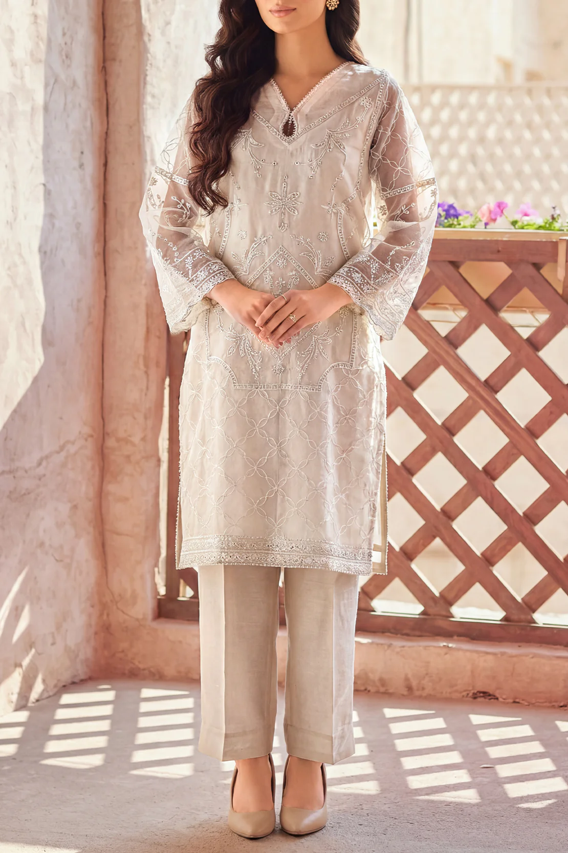 Luxury Pret Embroidered Stitched Organza 2 Piece (Shirt/Trouser)