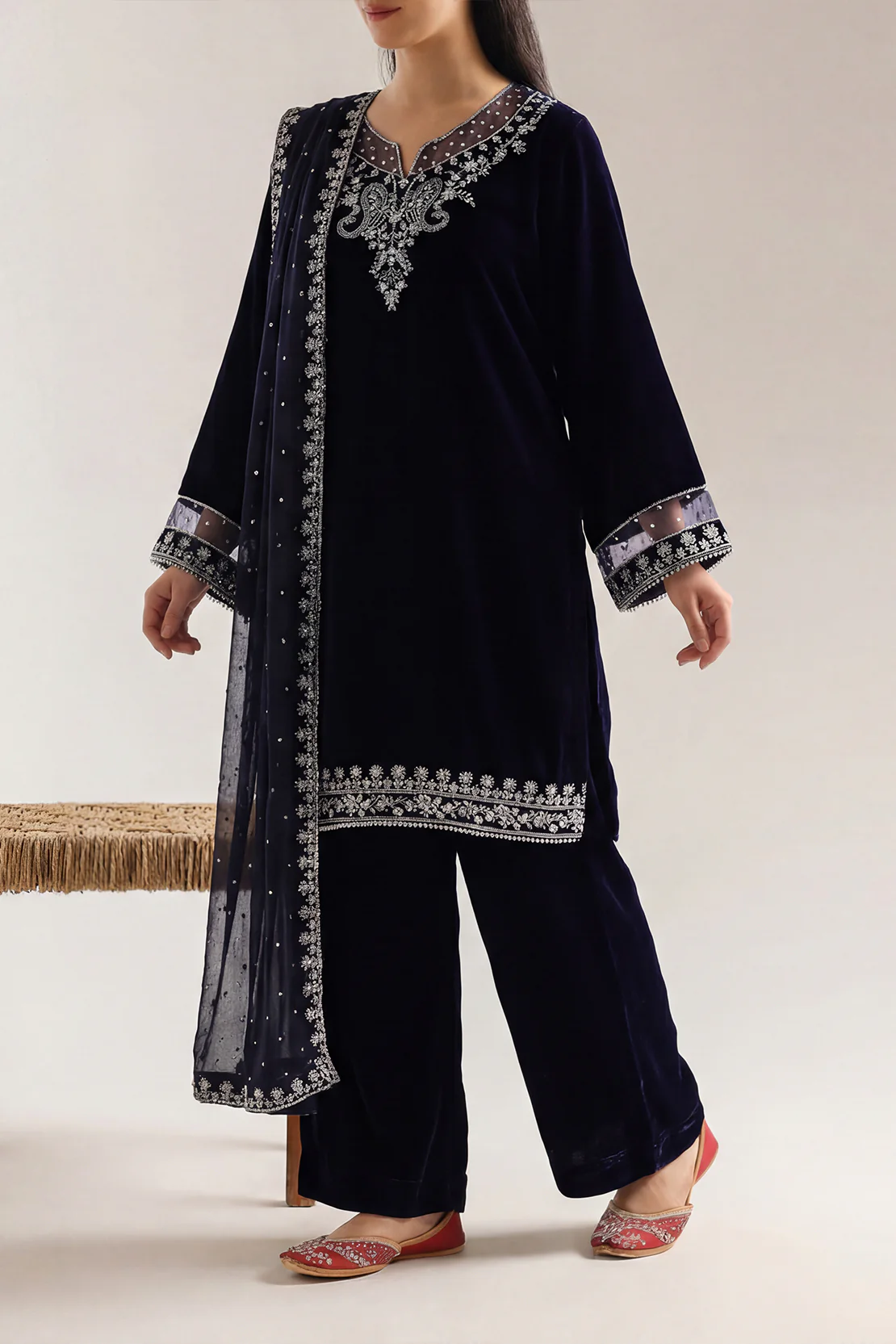 Luxury Pret Embroidered Velvet Stitched 3 Piece