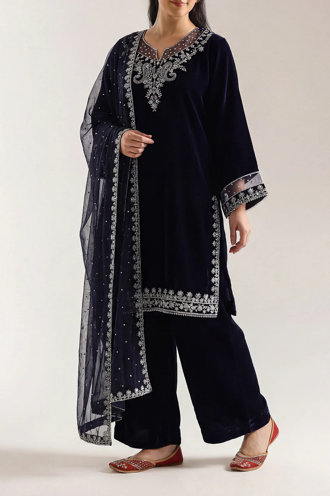 Luxury Pret Embroidered Velvet Stitched 3 Piece - Image 2