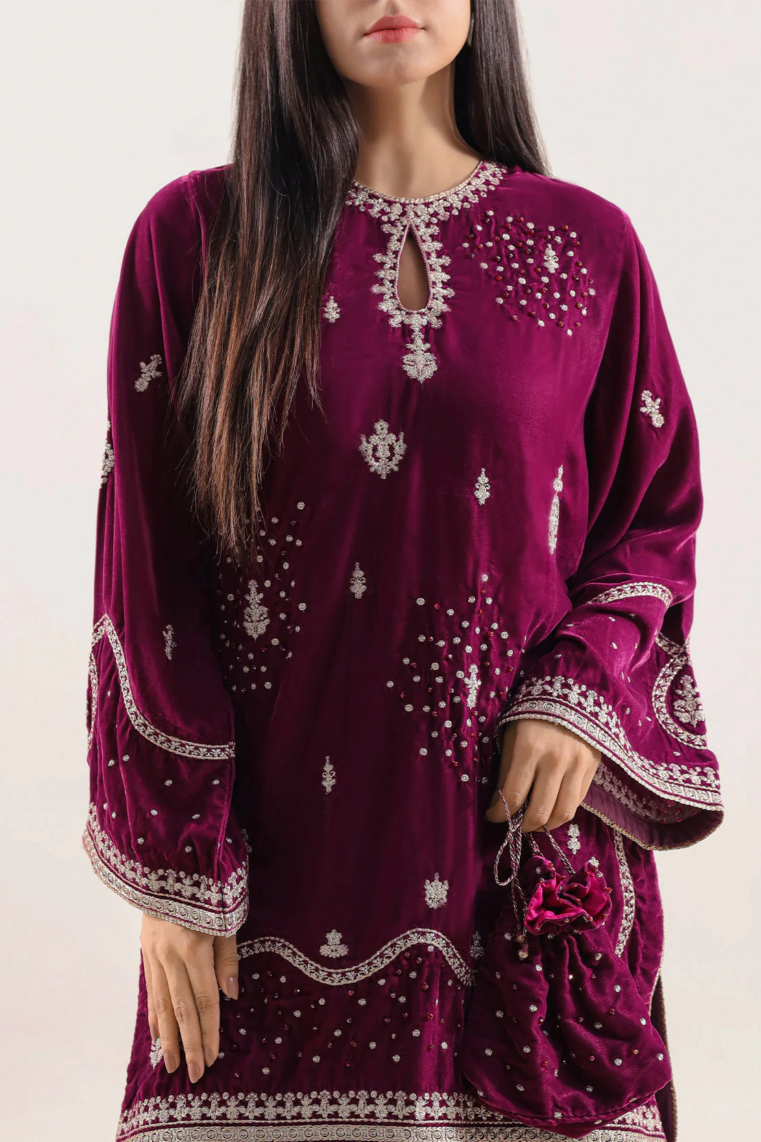 Luxury Pret Embroidered Velvet Stitched (Shirt/Trouser) - Image 2
