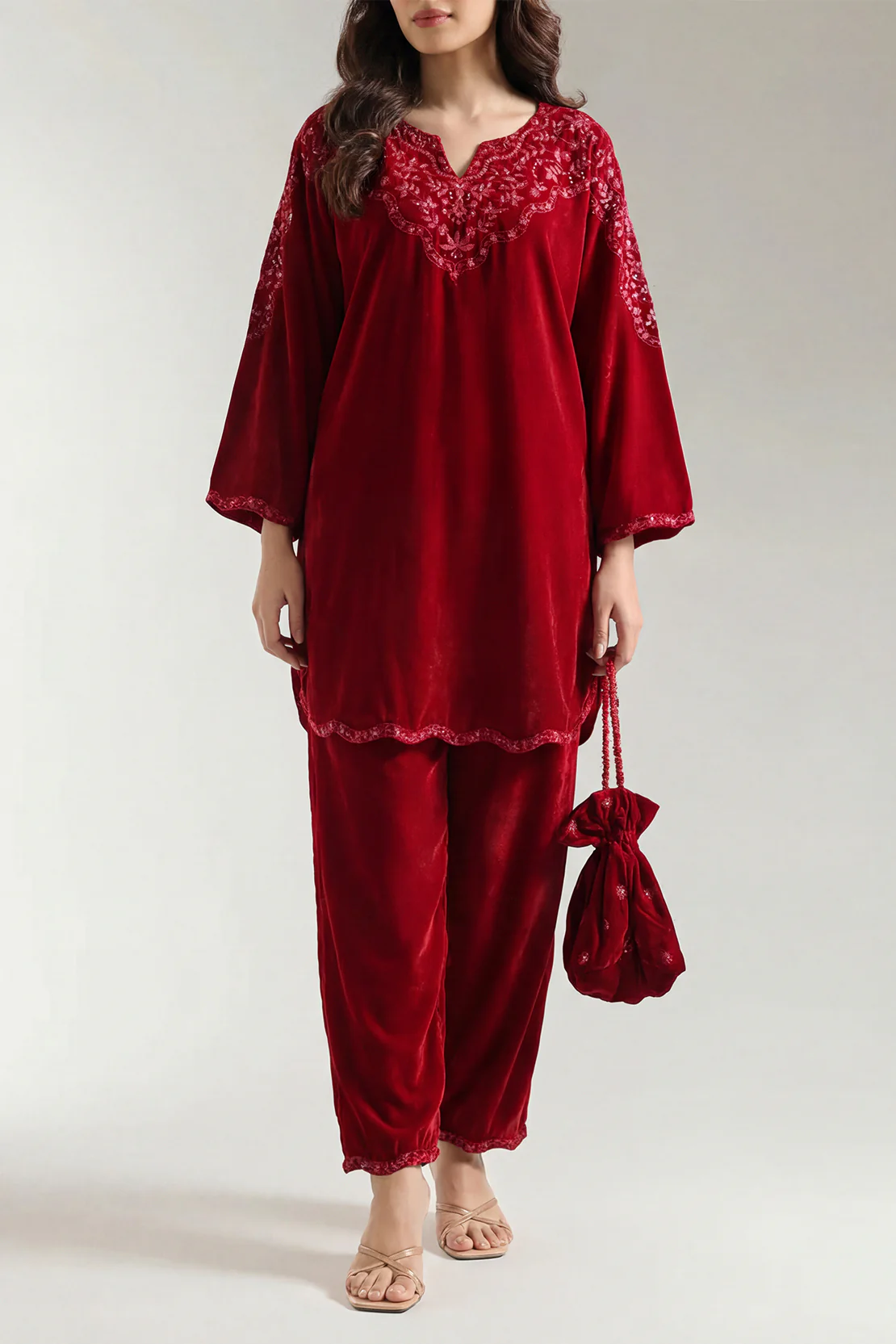 Luxury Pret Embroidered Velvet Stitched (Shirt/Trouser) - Image 2
