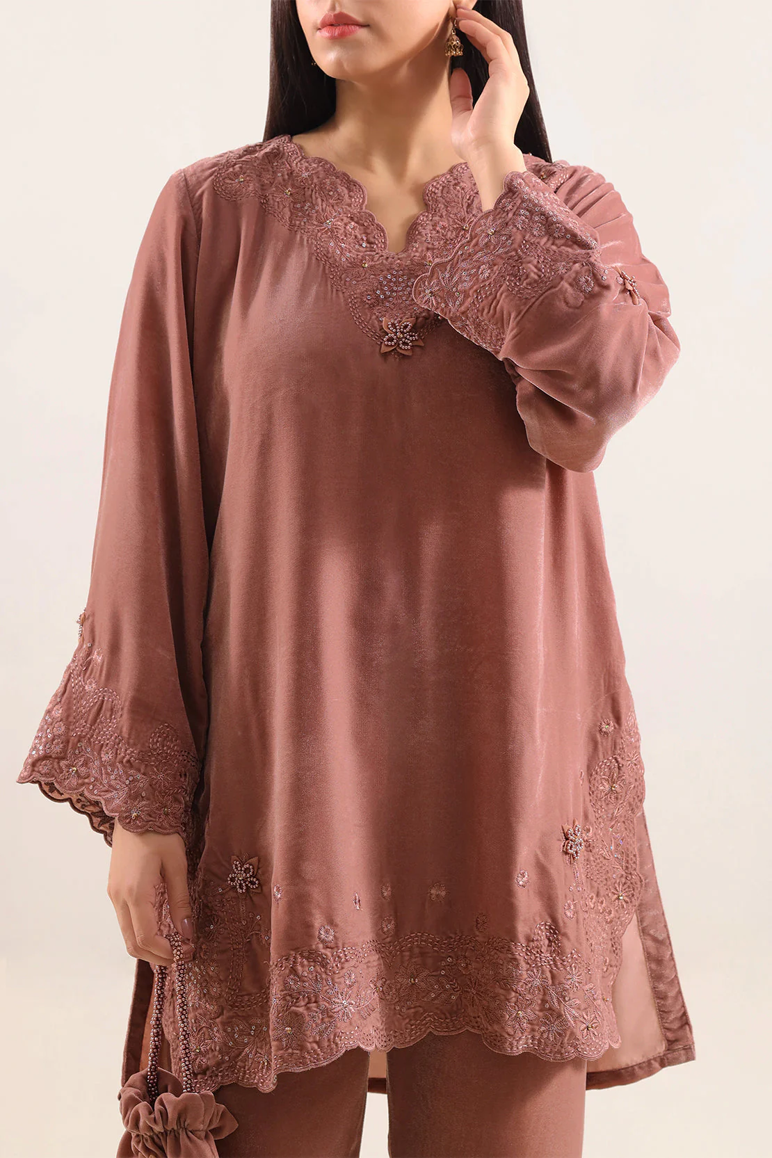 Luxury Pret Embroidered Velvet Stitched (Shirt/Trouser) - Image 2