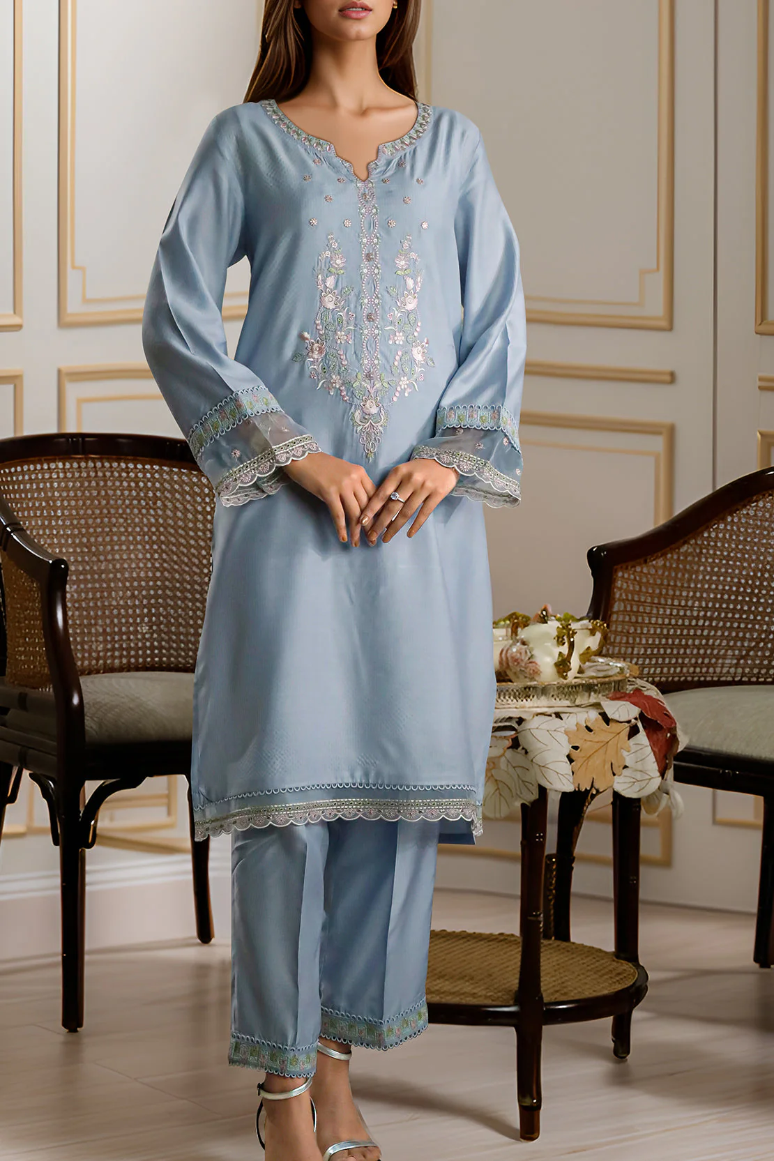 Luxury Pret Embroidered Zari Filament Stitched 2 Piece - Image 2