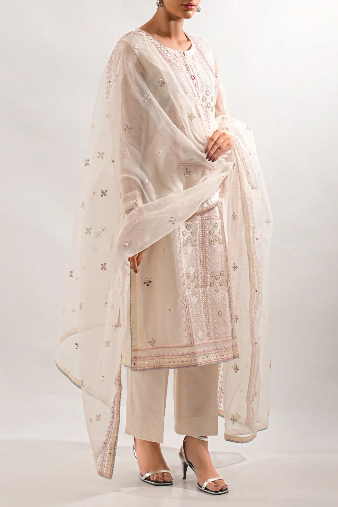 Luxury Pret Embroidered Self Jacquard Stitched Shirt - Image 2