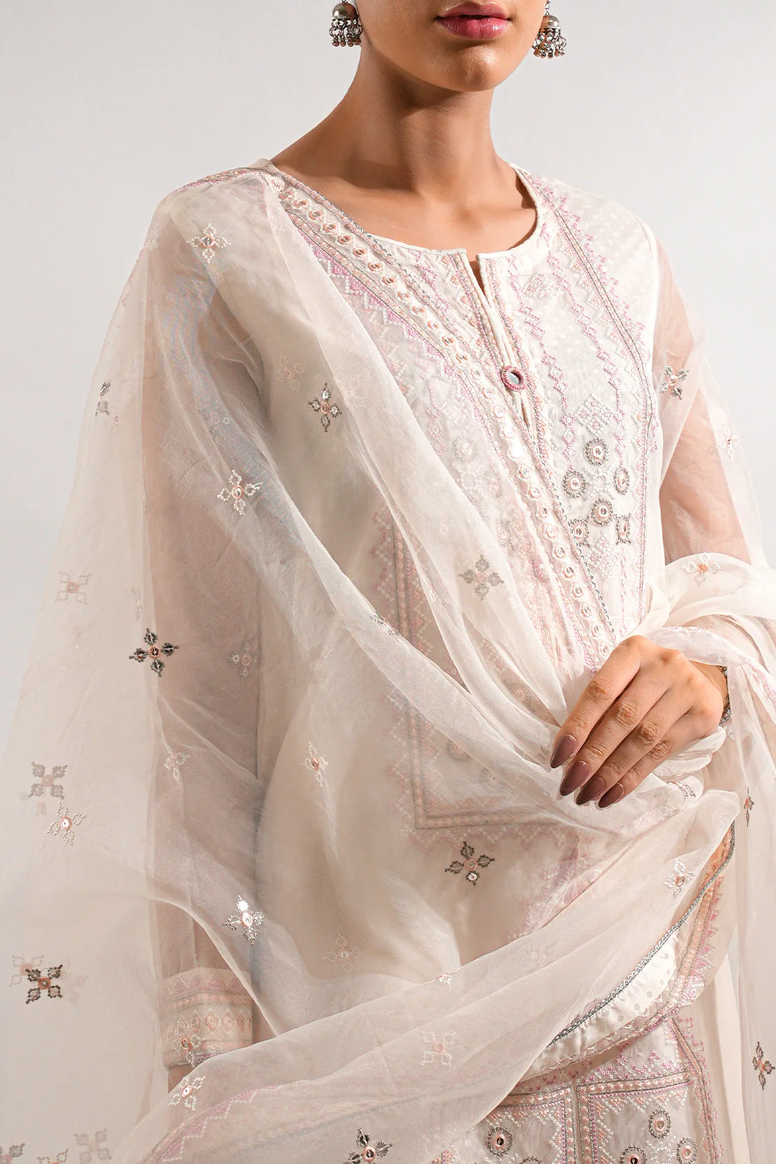 Luxury Pret Embroidered Self Jacquard Stitched Shirt - Image 4