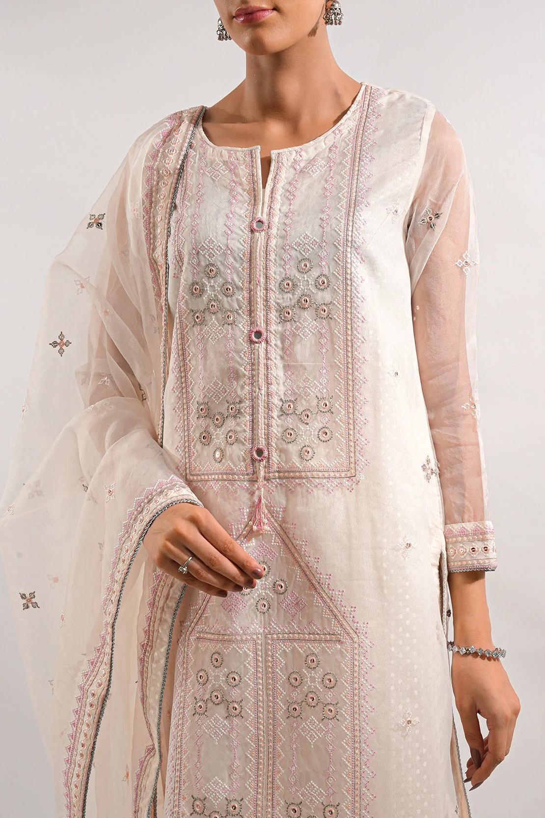 Luxury Pret Embroidered Self Jacquard Stitched Shirt - Image 5