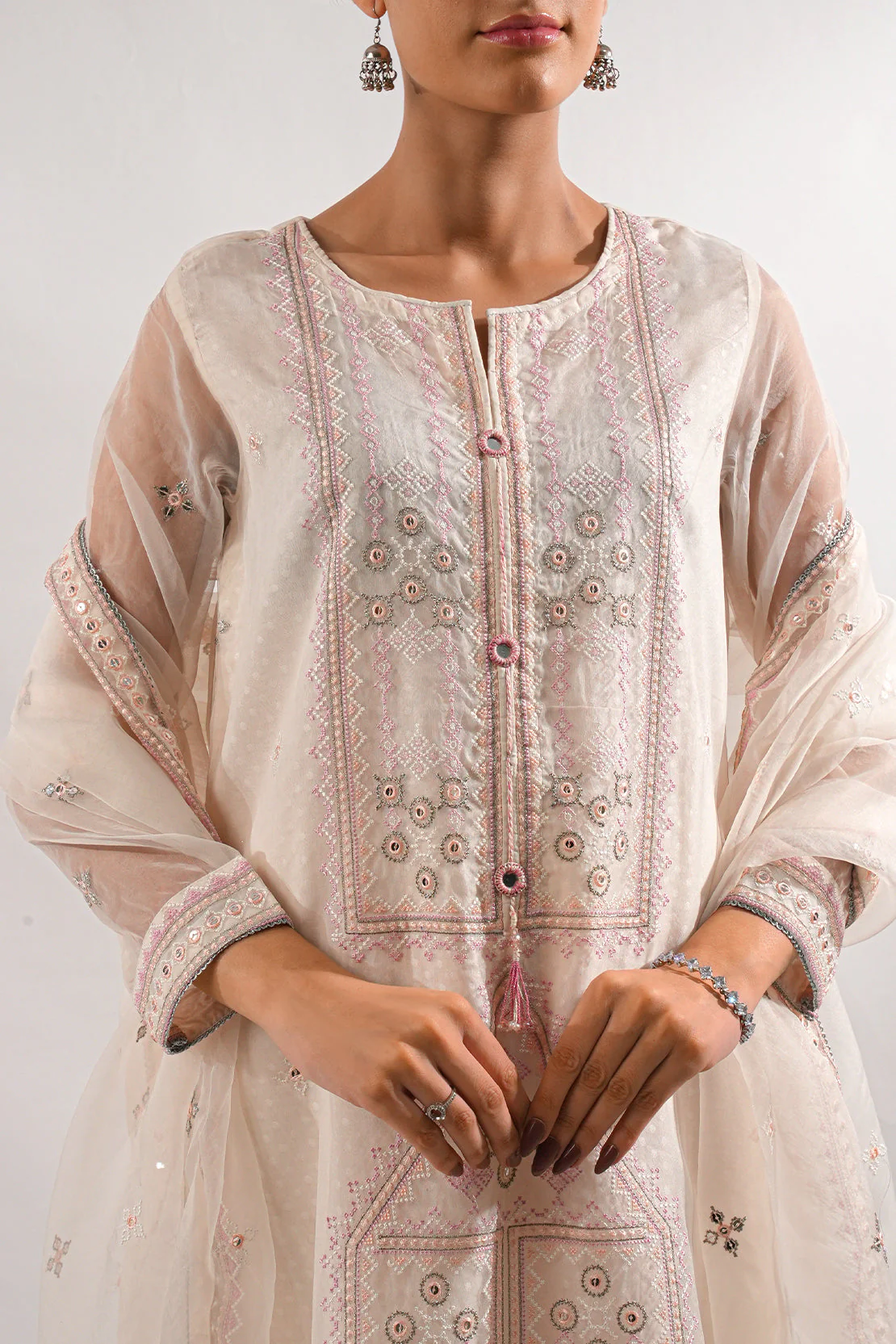 Luxury Pret Embroidered Self Jacquard Stitched Shirt - Image 6