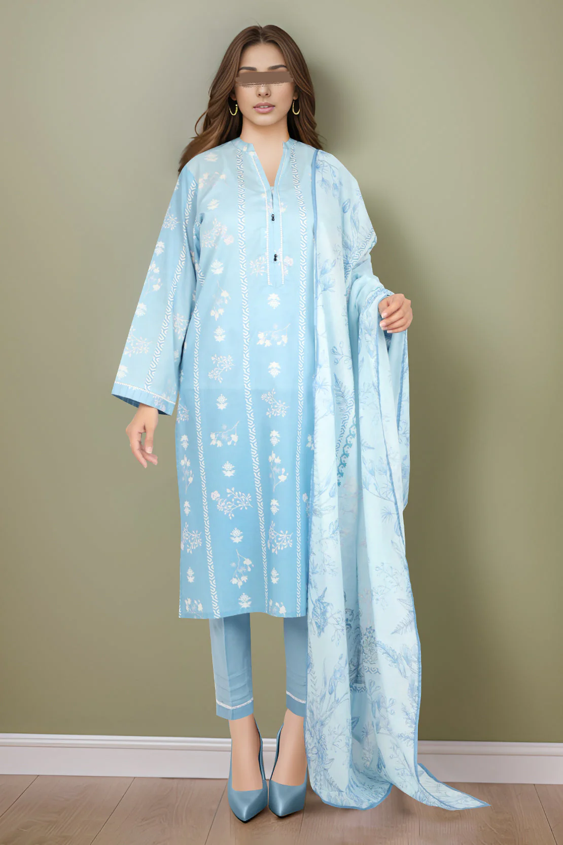 Printed Cambric Stitched 3 Piece With Chiffon Dupatta