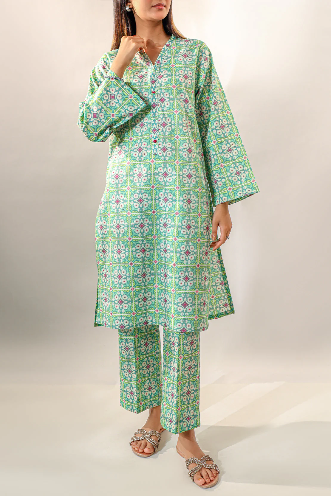 Printed Cotton Viscose Stitched 2 Piece (Shirt/Trouser) - Image 2