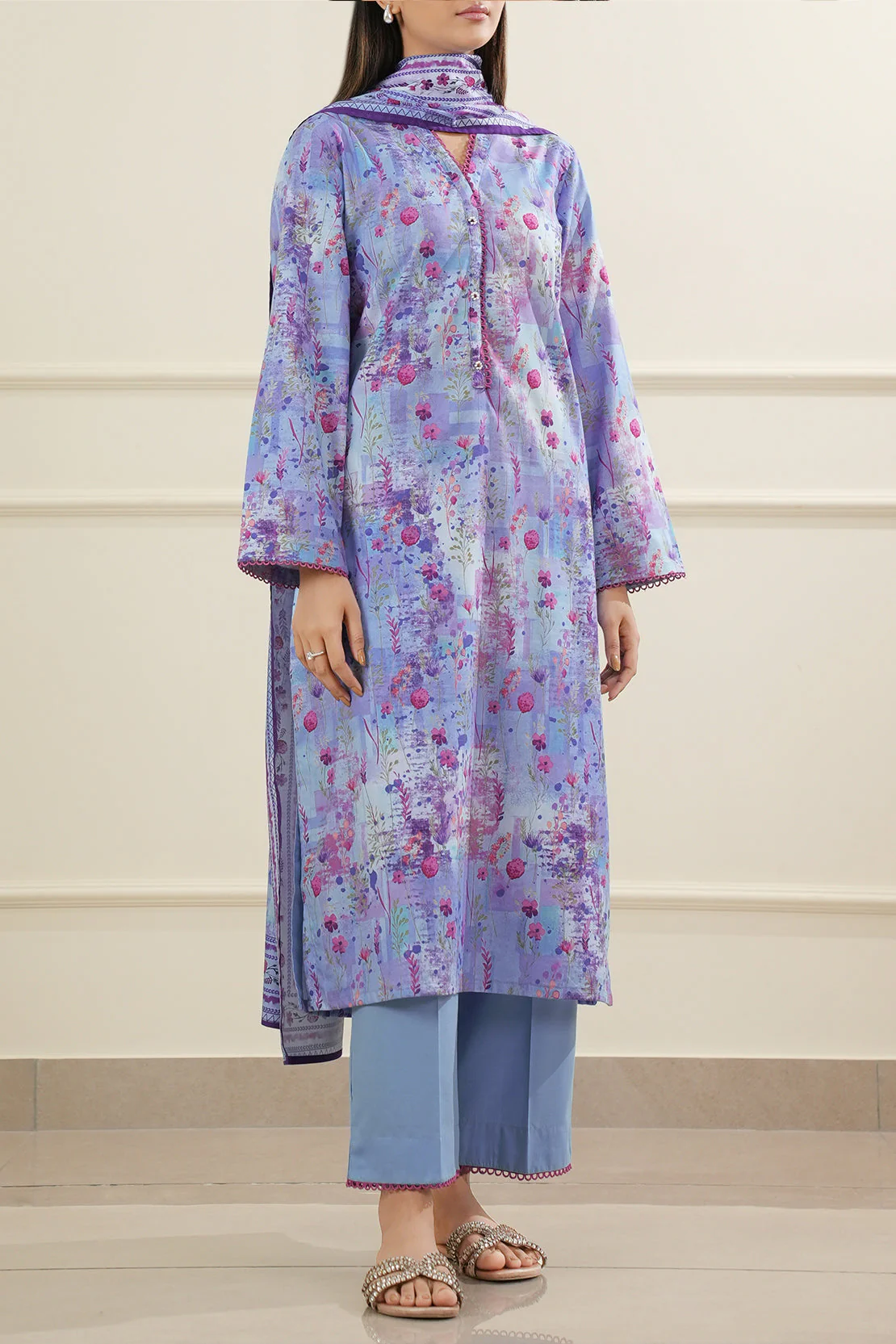 Printed Cotton Viscose Stitched 3 Piece - Image 2