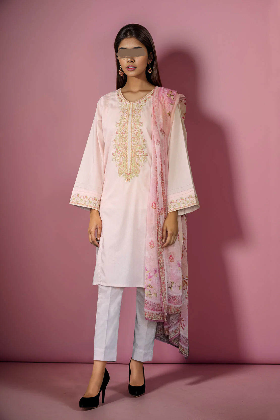 Printed Emb Zari Filament Stitched 3 Piece With Chiffon Dupatta
