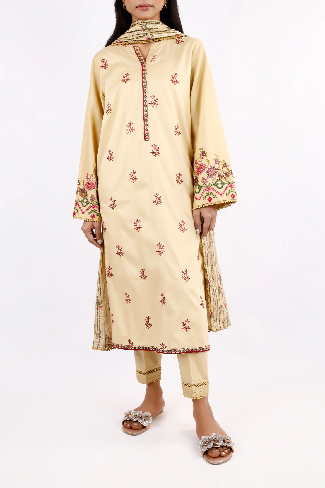 Printed Embroidered Cambric Stitched 3 Piece - Image 3