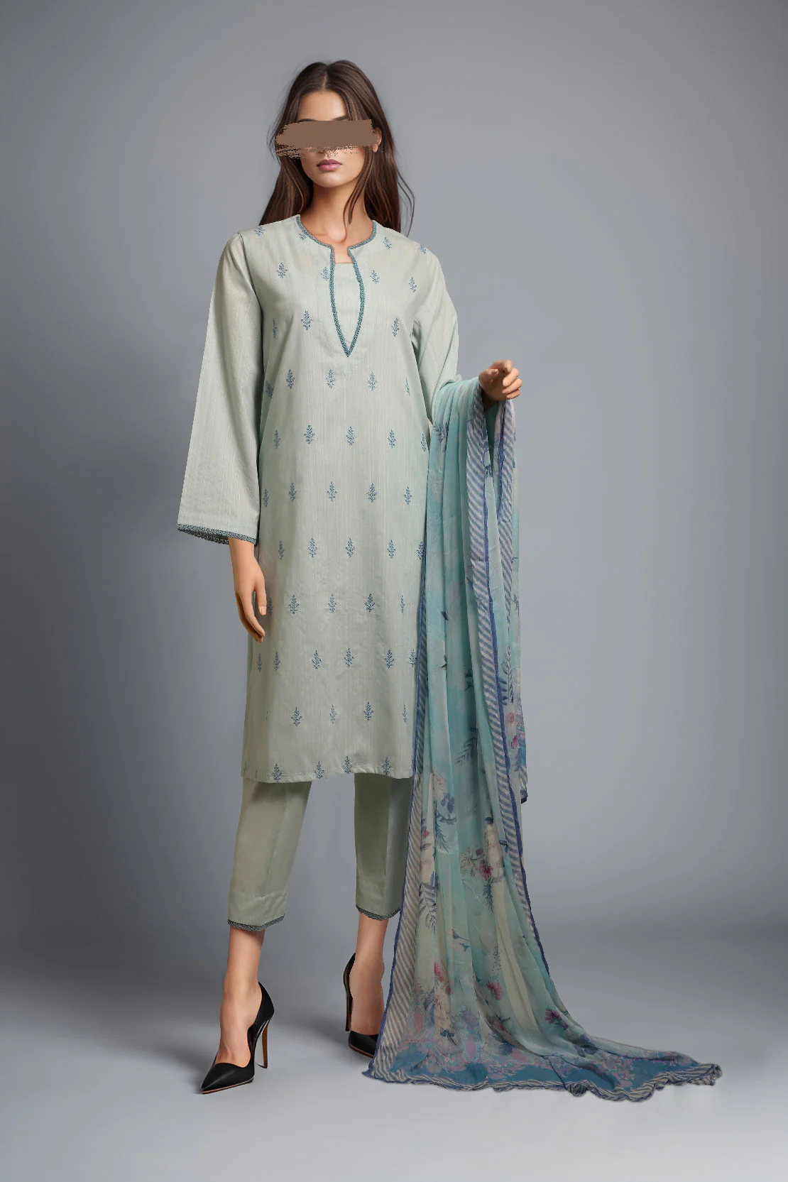 Printed Embroidered Cotton Dobby Stitched 3 Piece
