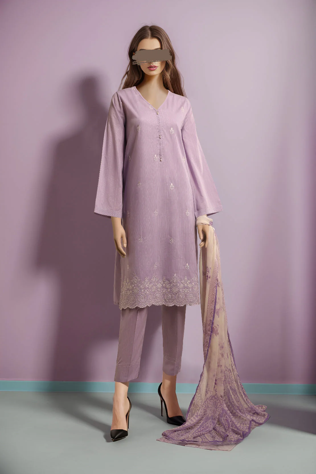 Printed Embroidered Cotton Dobby Stitched 3 Piece