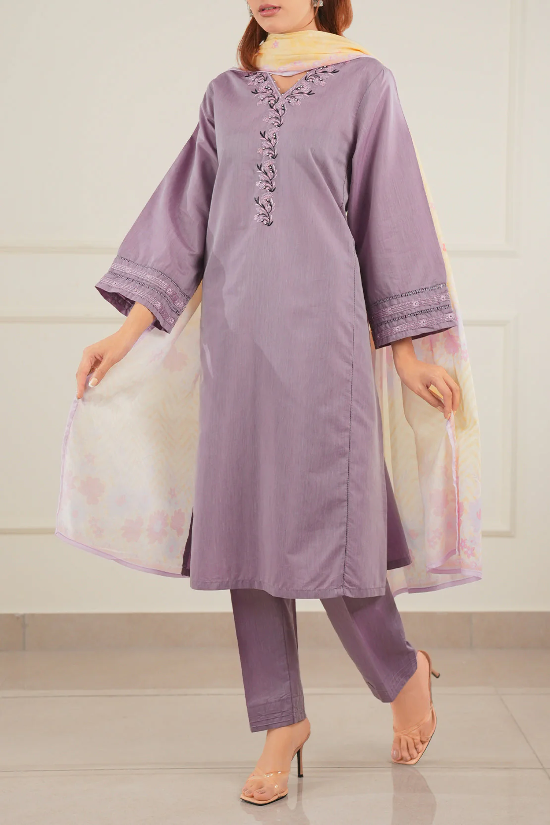 Printed Embroidered Cotton Filament Stitched 3 Piece - Image 2