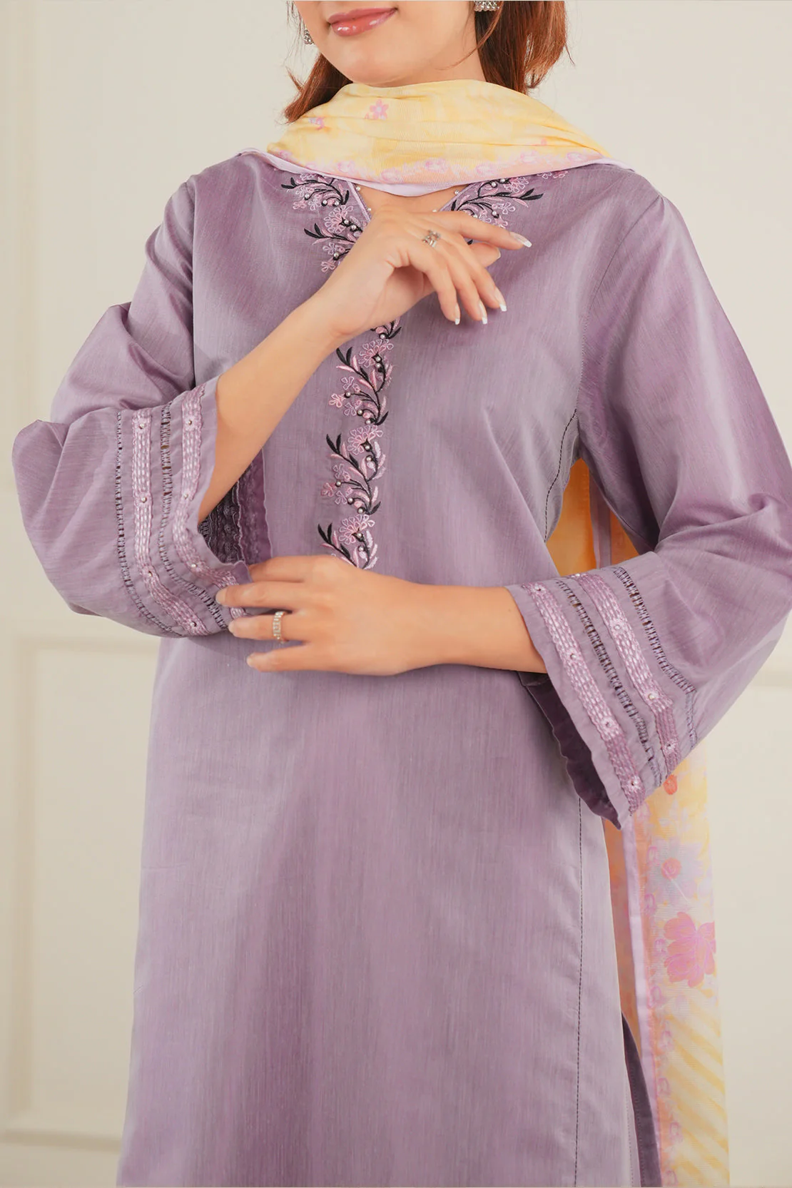 Printed Embroidered Cotton Filament Stitched 3 Piece - Image 5