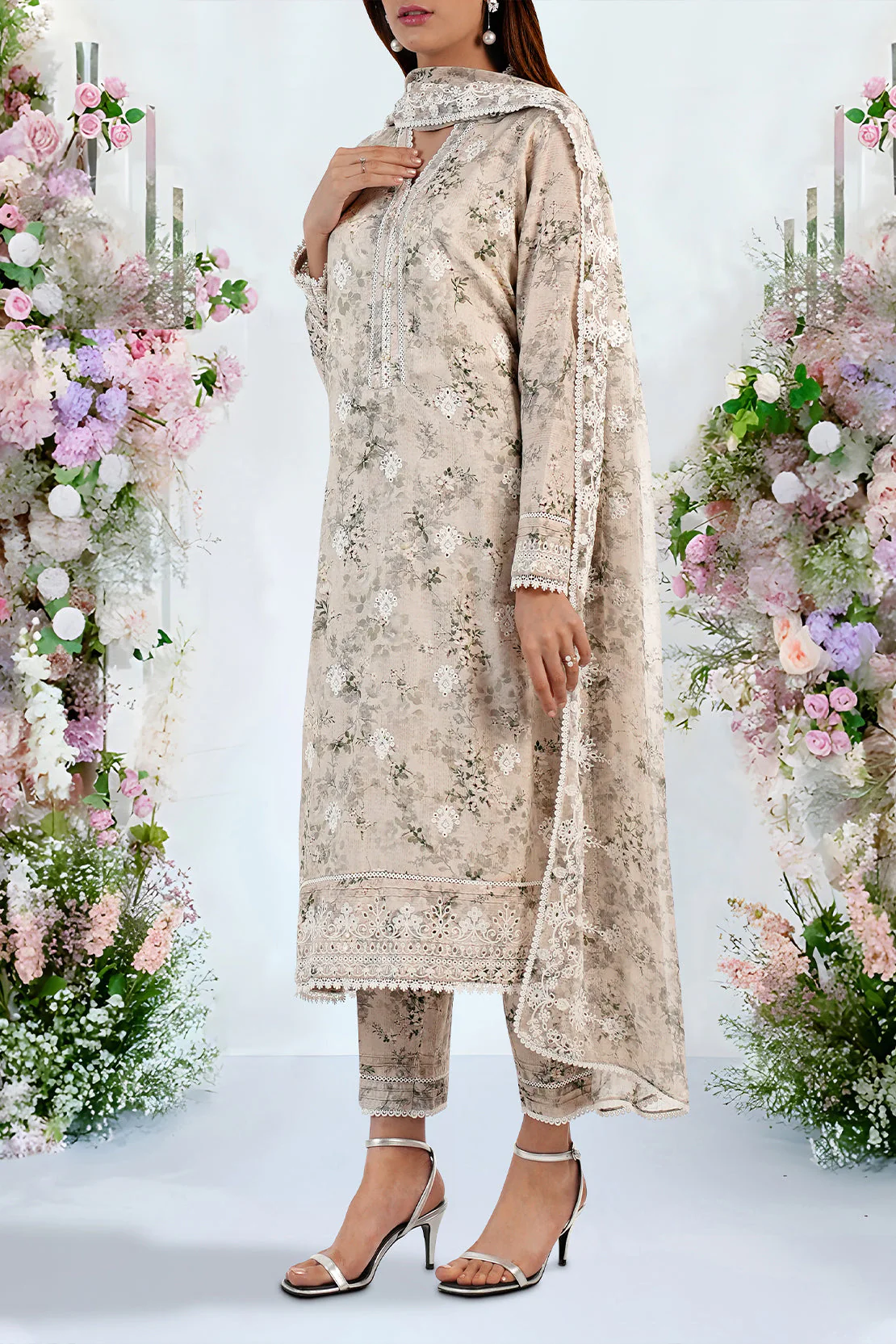 Printed Embroidered Cotton Jacquard Stitched 2 Piece (Shirt/Dupatta) - Image 2