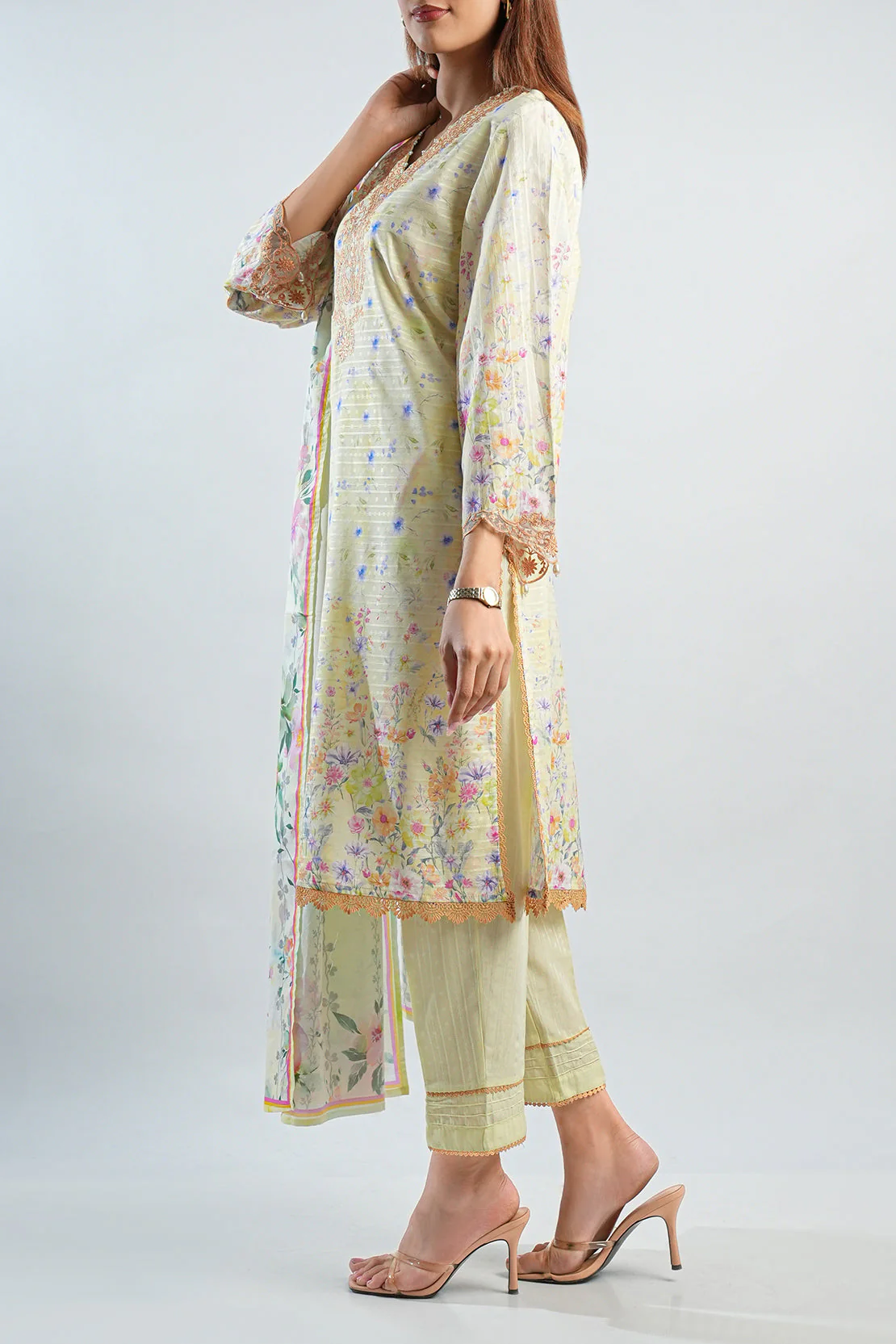 Printed Embroidered Cotton Jacquard Stitched 2 Piece (Shirt/Dupatta) - Image 4