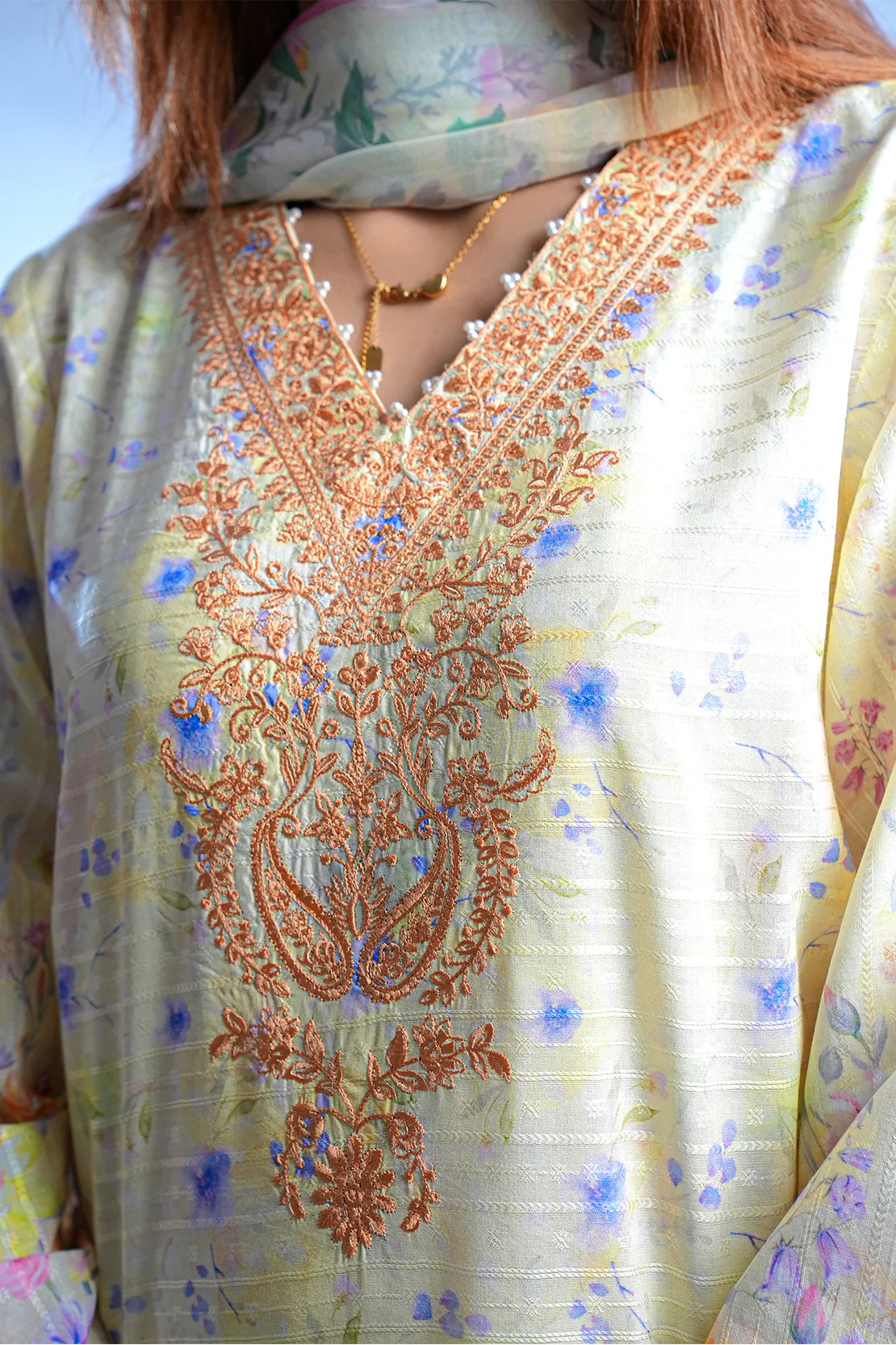 Printed Embroidered Cotton Jacquard Stitched 2 Piece (Shirt/Dupatta) - Image 5