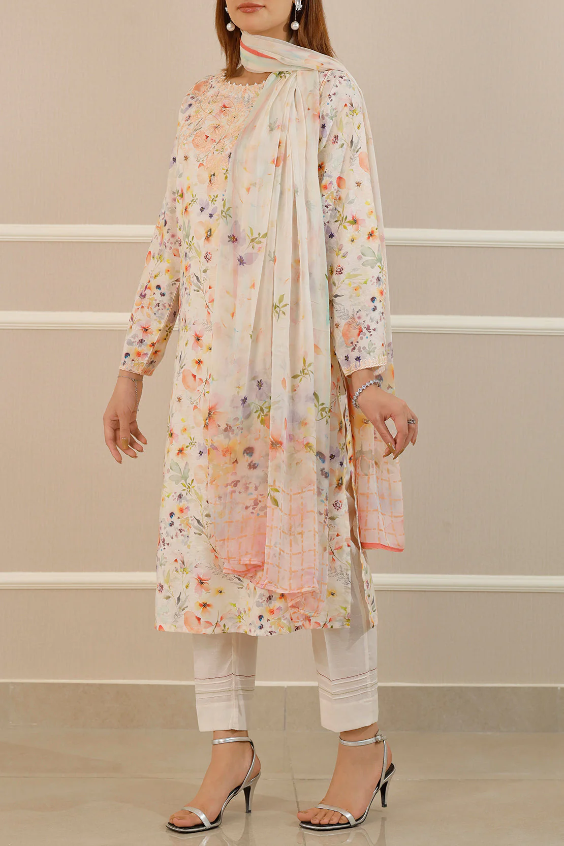 Printed+Embroidered Cotton Jacquard Stitched 2 Piece (Shirt/ Chiffon Dupatta) - Image 2