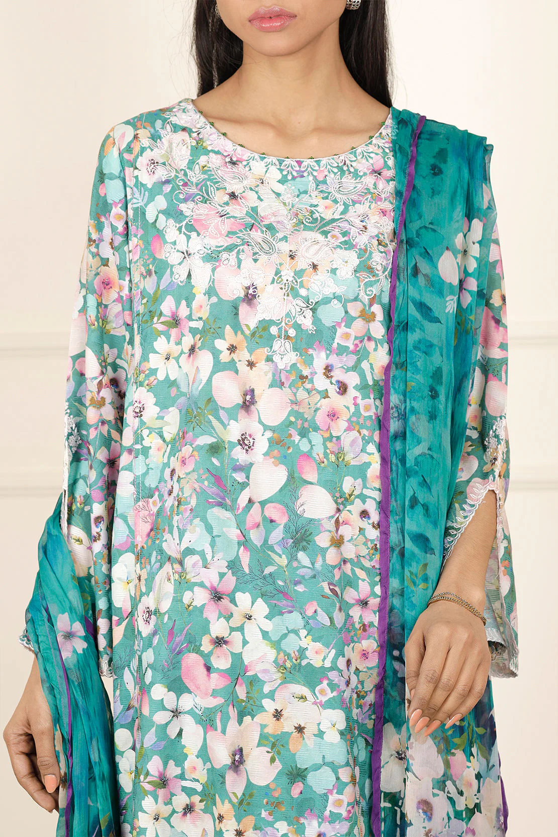 Printed Embroidered Cotton Jacquard Stitched 2 Piece (Shirt/Dupatta) - Image 2
