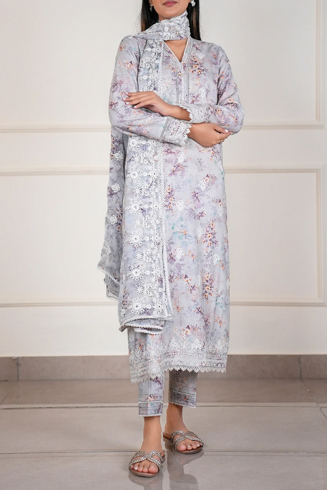 Printed+Embroidered Cotton Jacquard Stitched 2 Piece (Shirt/Trouser) - Image 2
