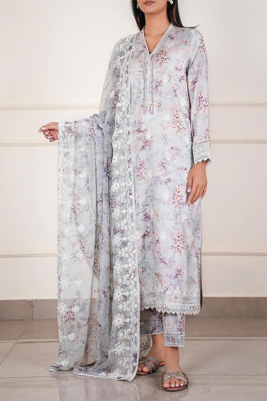 Printed+Embroidered Cotton Jacquard Stitched 2 Piece (Shirt/Trouser) - Image 3