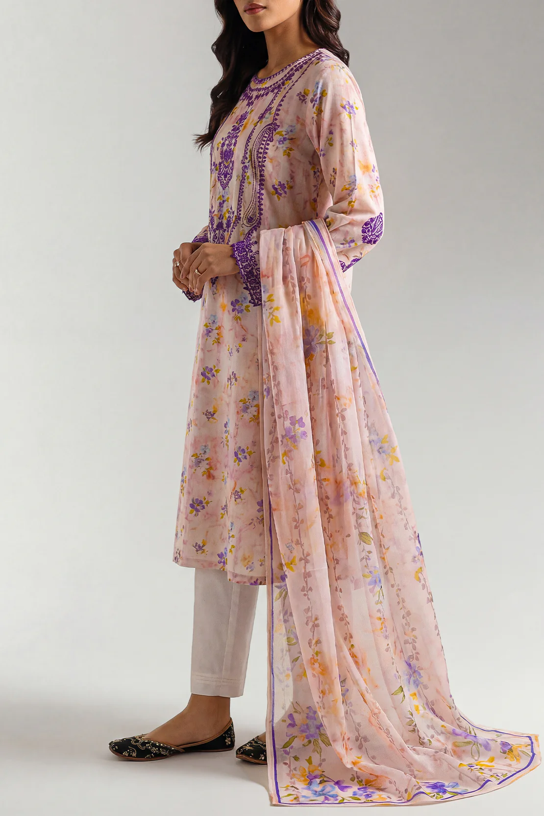 Printed+Embroidered Cotton Jacquard Stitched 2 Piece (Shirt/Trouser) - Image 2