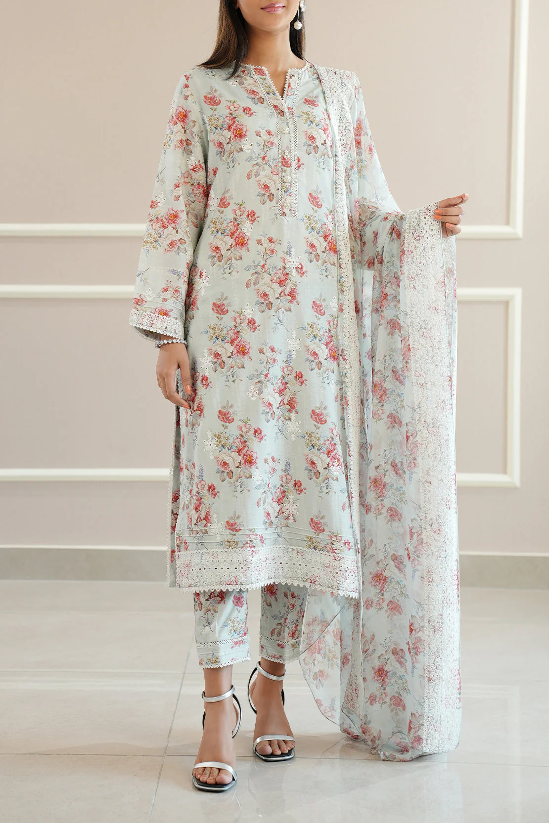 Printed Embroidered Cotton Jacquard Stitched 3 Piece - Image 2