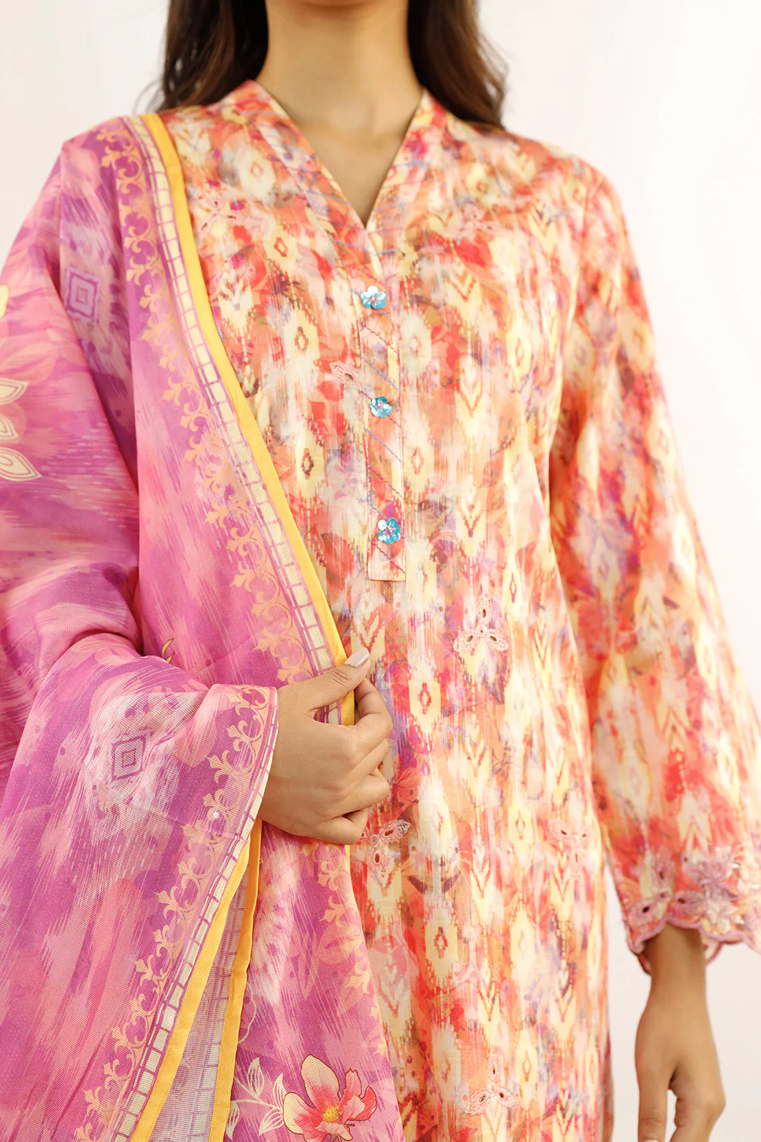 Printed Embroidered Cotton Jacquard Stitched 3 Piece - Image 3