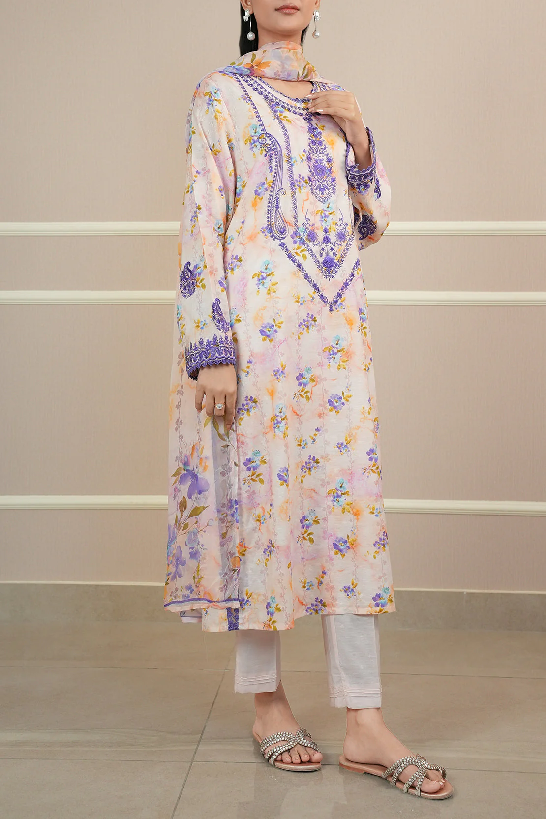 Printed Embroidered Cotton Jacquard Stitched 3 Piece - Image 6