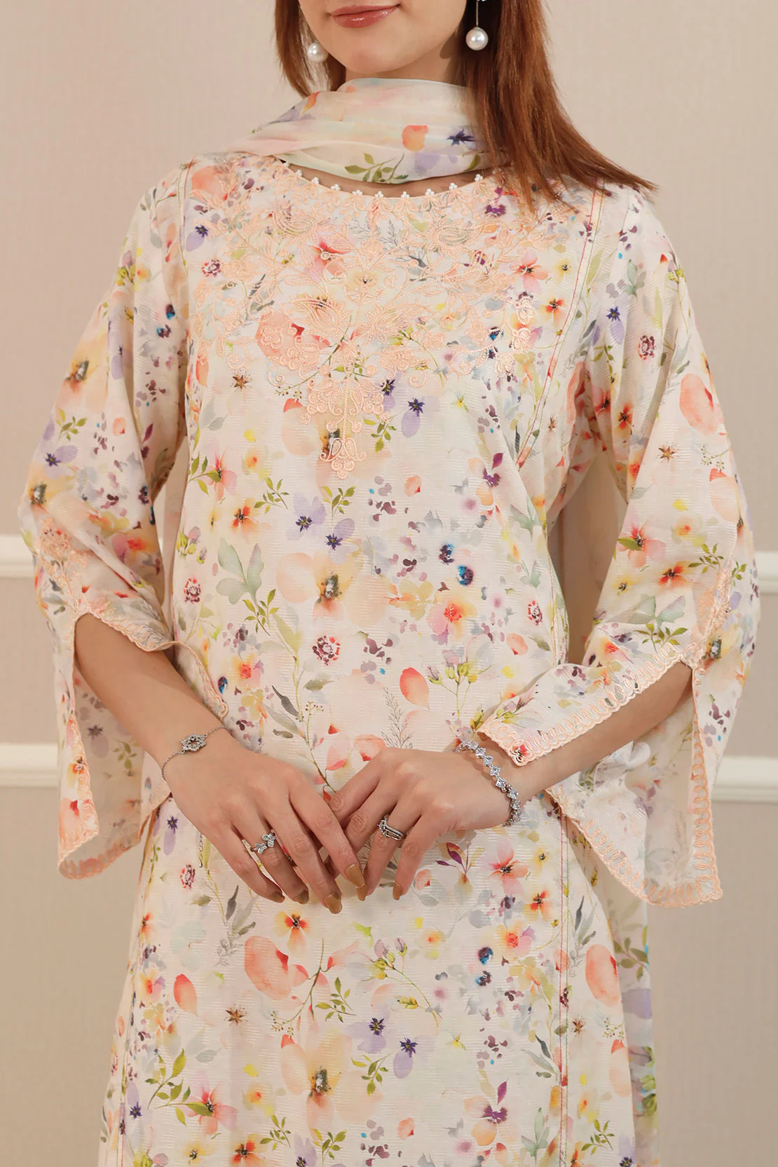Printed Embroidered Cotton Jacquard Stitched 3 Piece