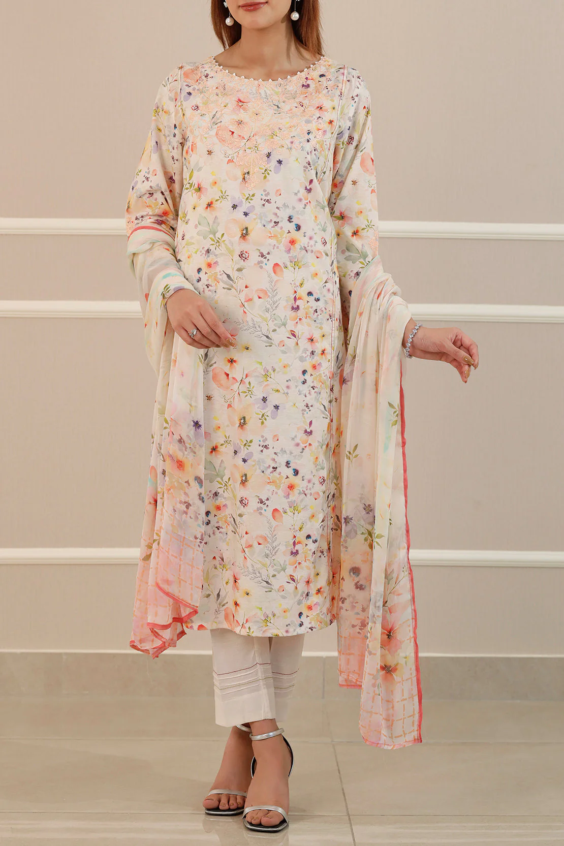 Printed Embroidered Cotton Jacquard Stitched 3 Piece - Image 2