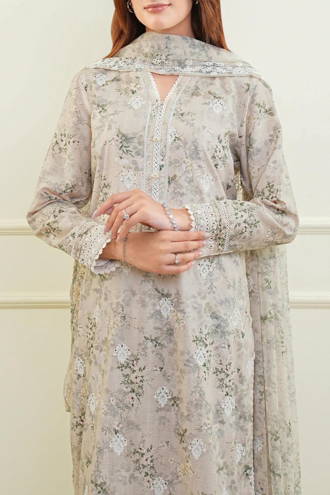 Printed Embroidered Cotton Jacquard Stitched 3 Piece