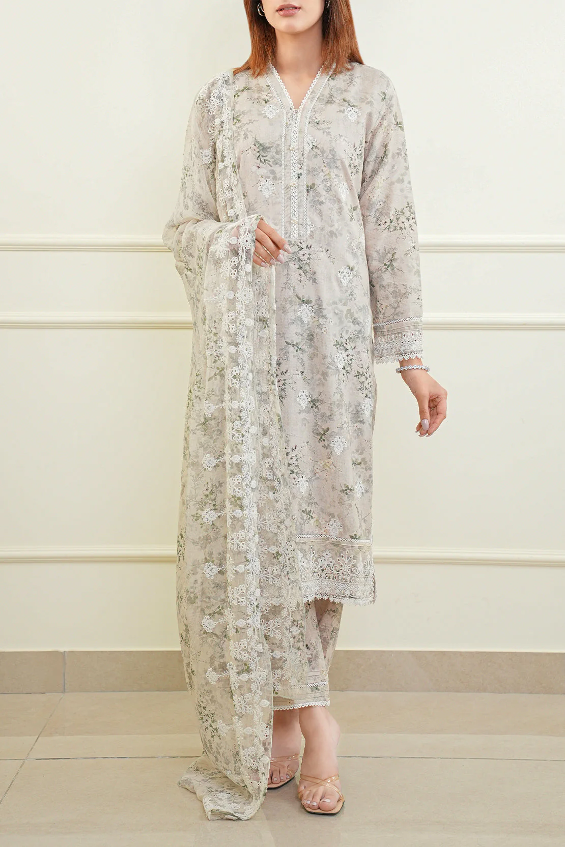 Printed Embroidered Cotton Jacquard Stitched 3 Piece - Image 2