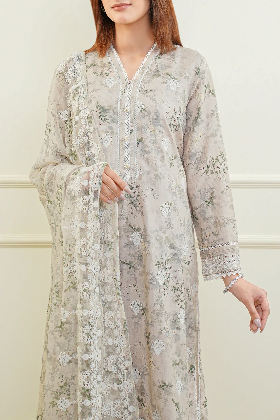 Printed Embroidered Cotton Jacquard Stitched 3 Piece - Image 3