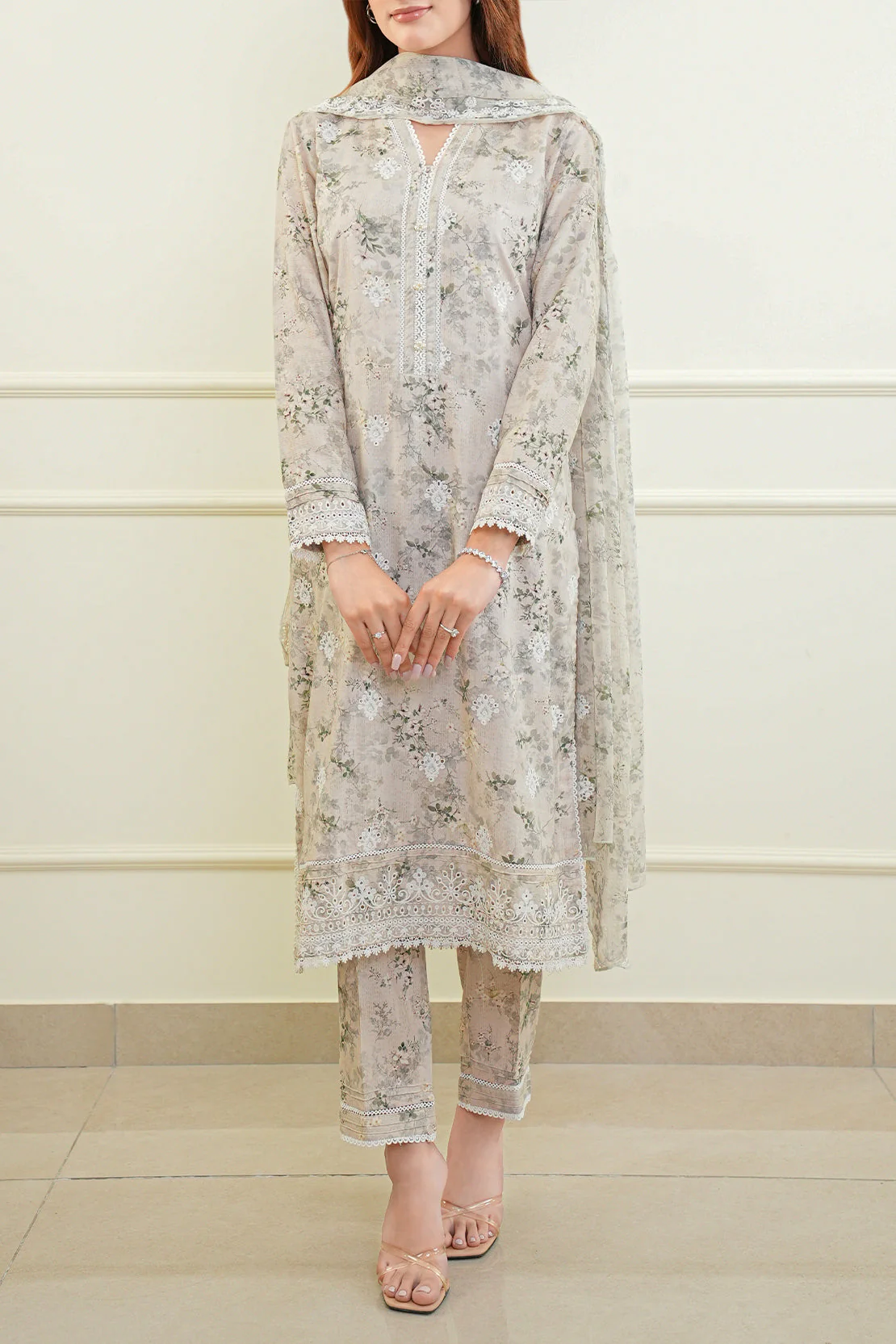 Printed Embroidered Cotton Jacquard Stitched 3 Piece - Image 5