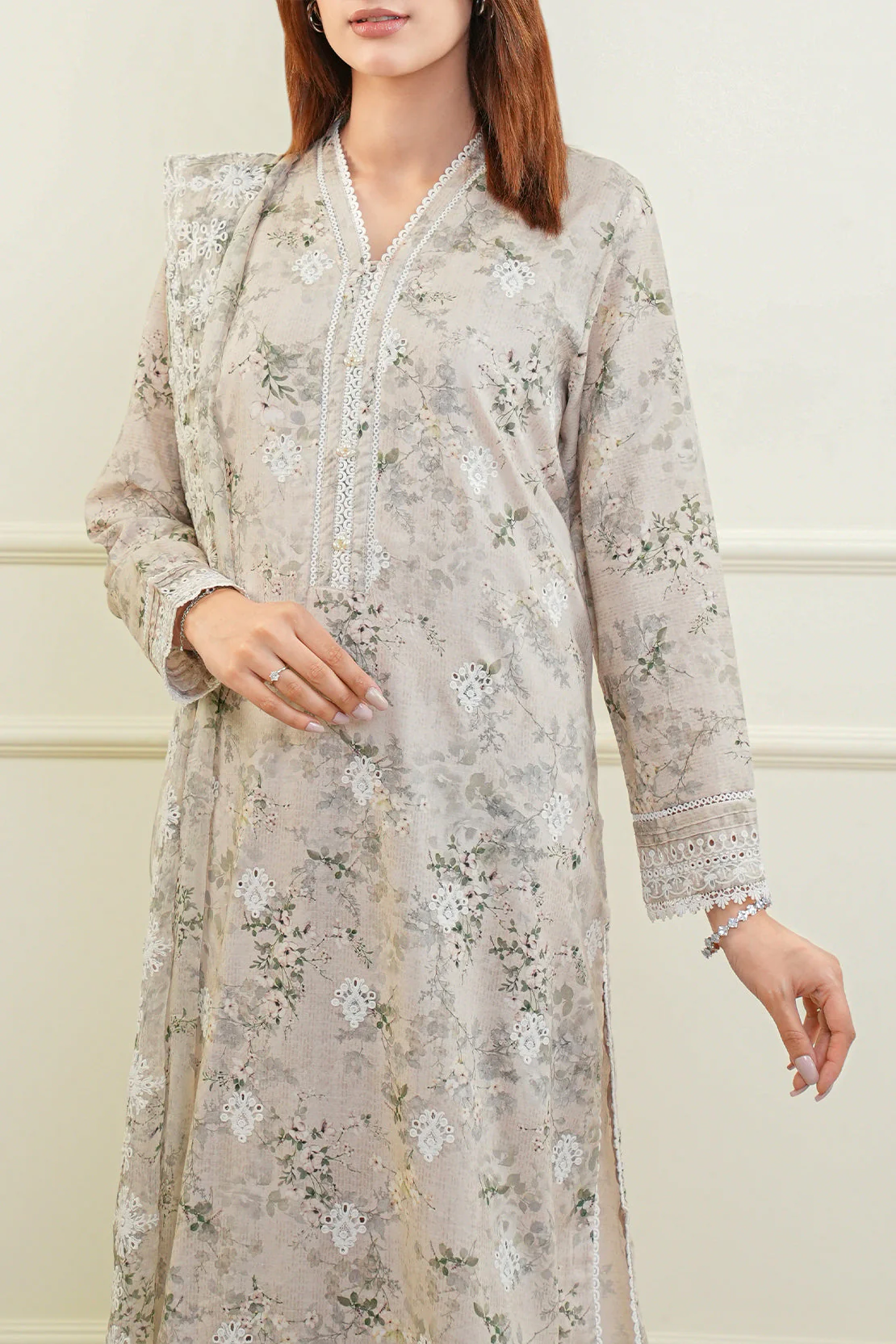 Printed Embroidered Cotton Jacquard Stitched 3 Piece - Image 6