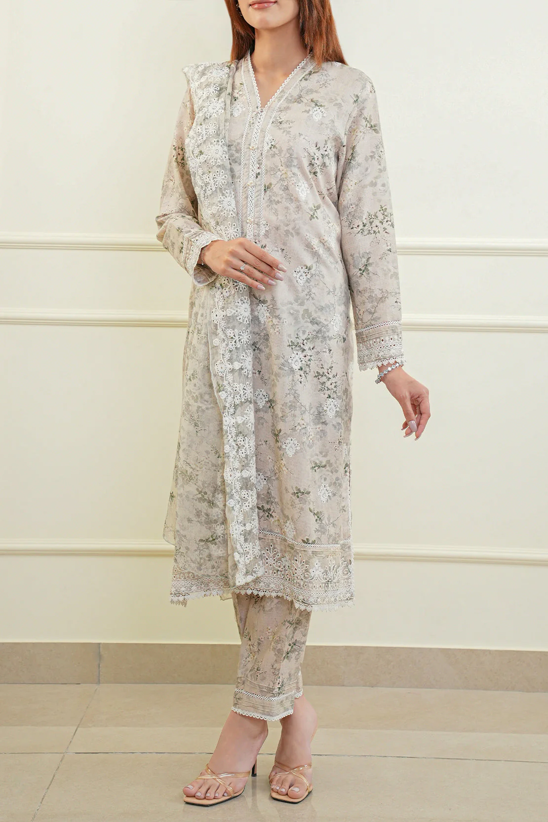 Printed Embroidered Cotton Jacquard Stitched 3 Piece - Image 7