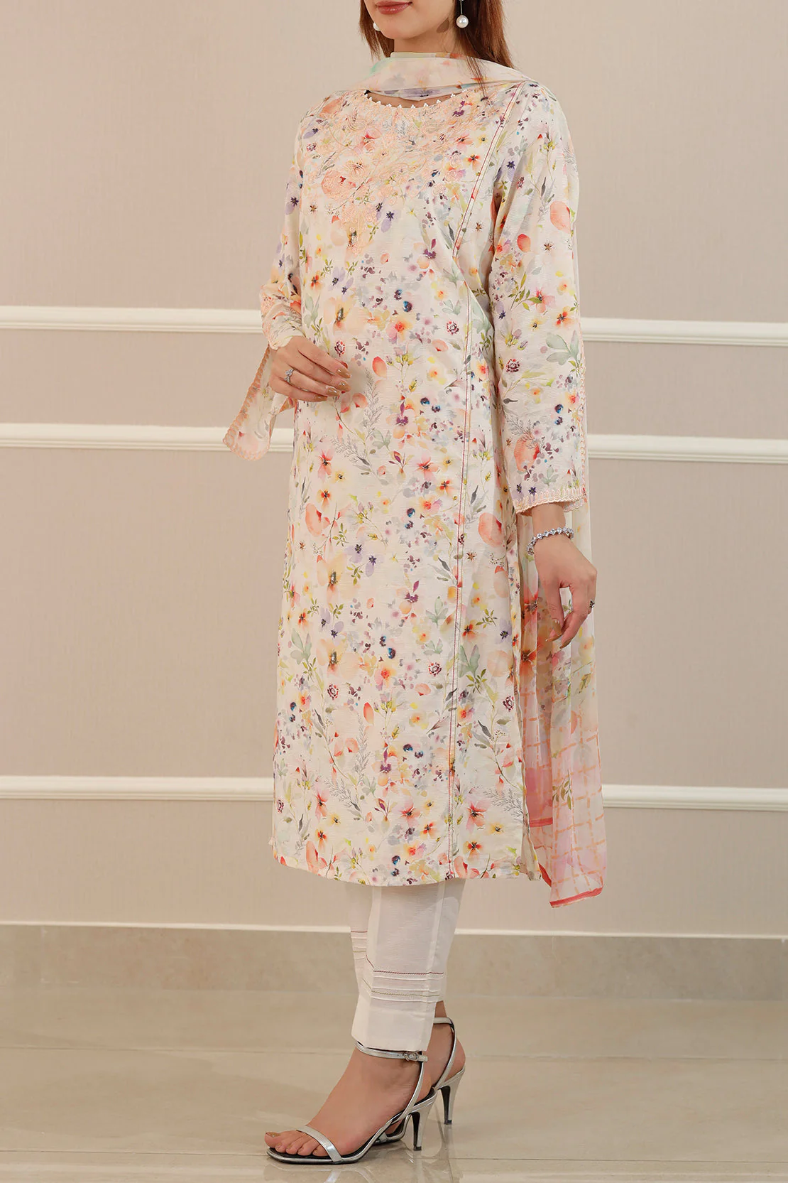 Printed Embroidered Cotton Jacquard Stitched Shirt - Image 4
