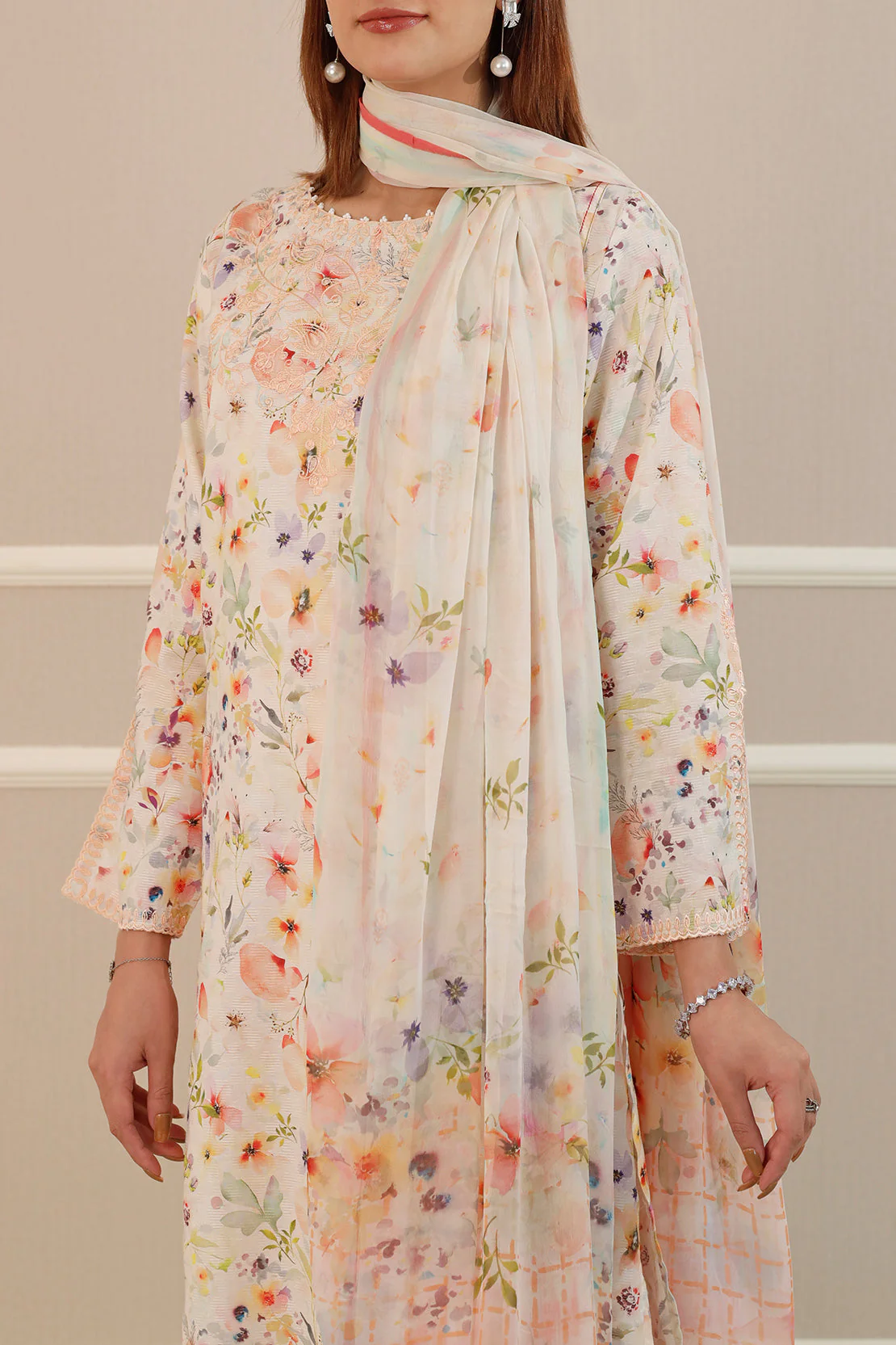 Printed Embroidered Cotton Jacquard Stitched Shirt - Image 5