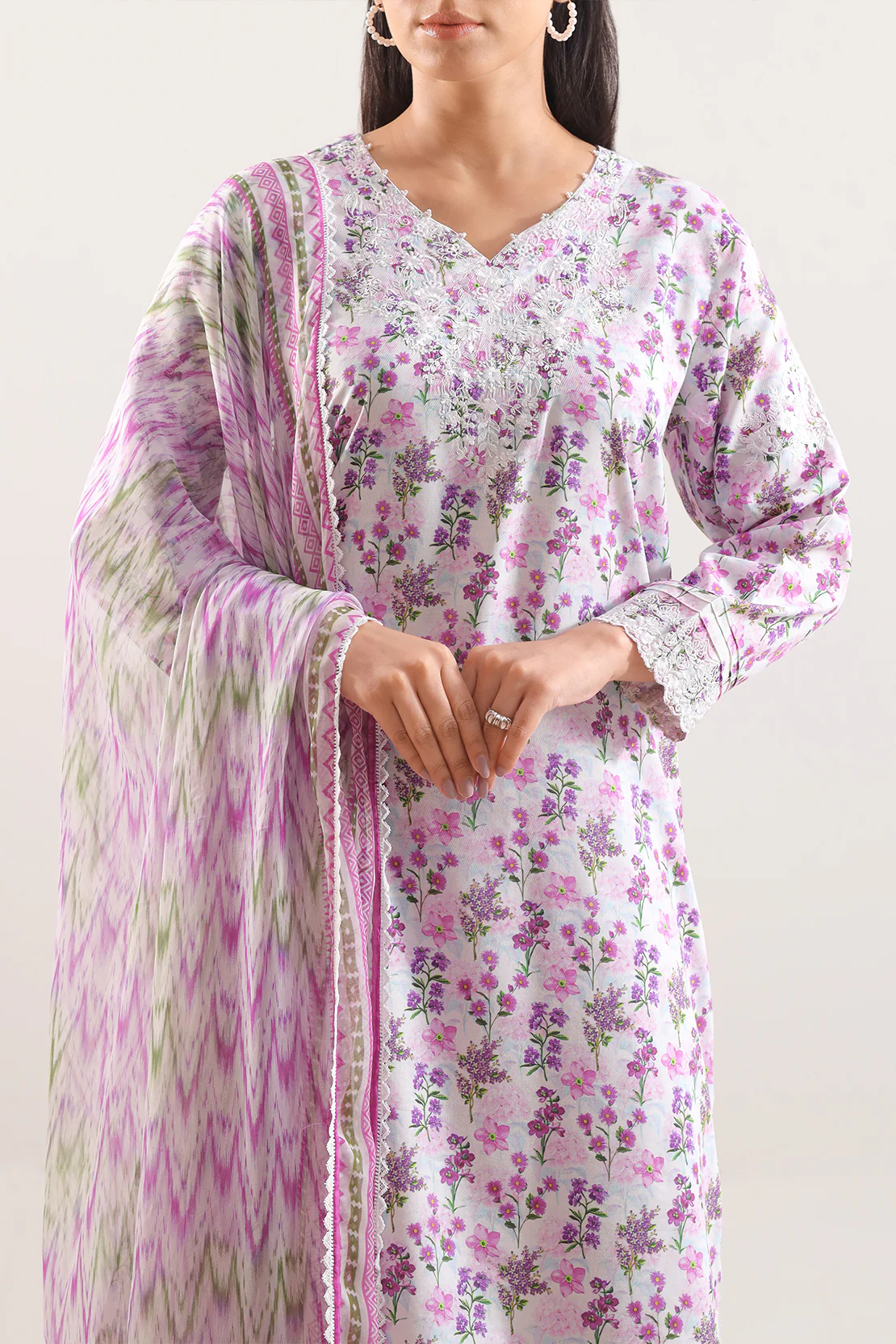 Printed Embroidered Cotton Jacquard Stitched Shirt - Image 2